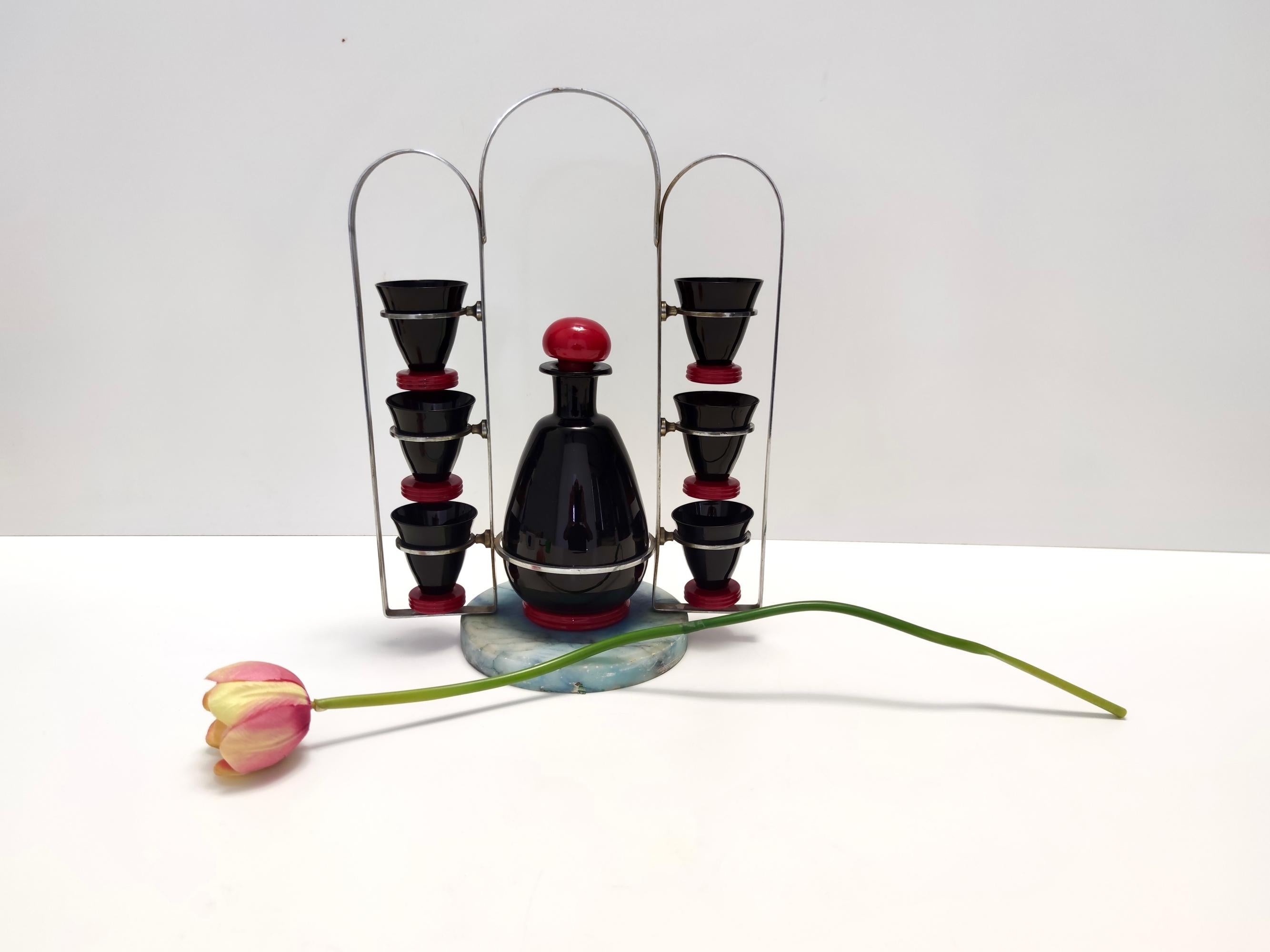 Mid-Century Modern Vintage Rare Black and Red Glass Liqueur Drinking Set by Moretti & Nason, Italy For Sale