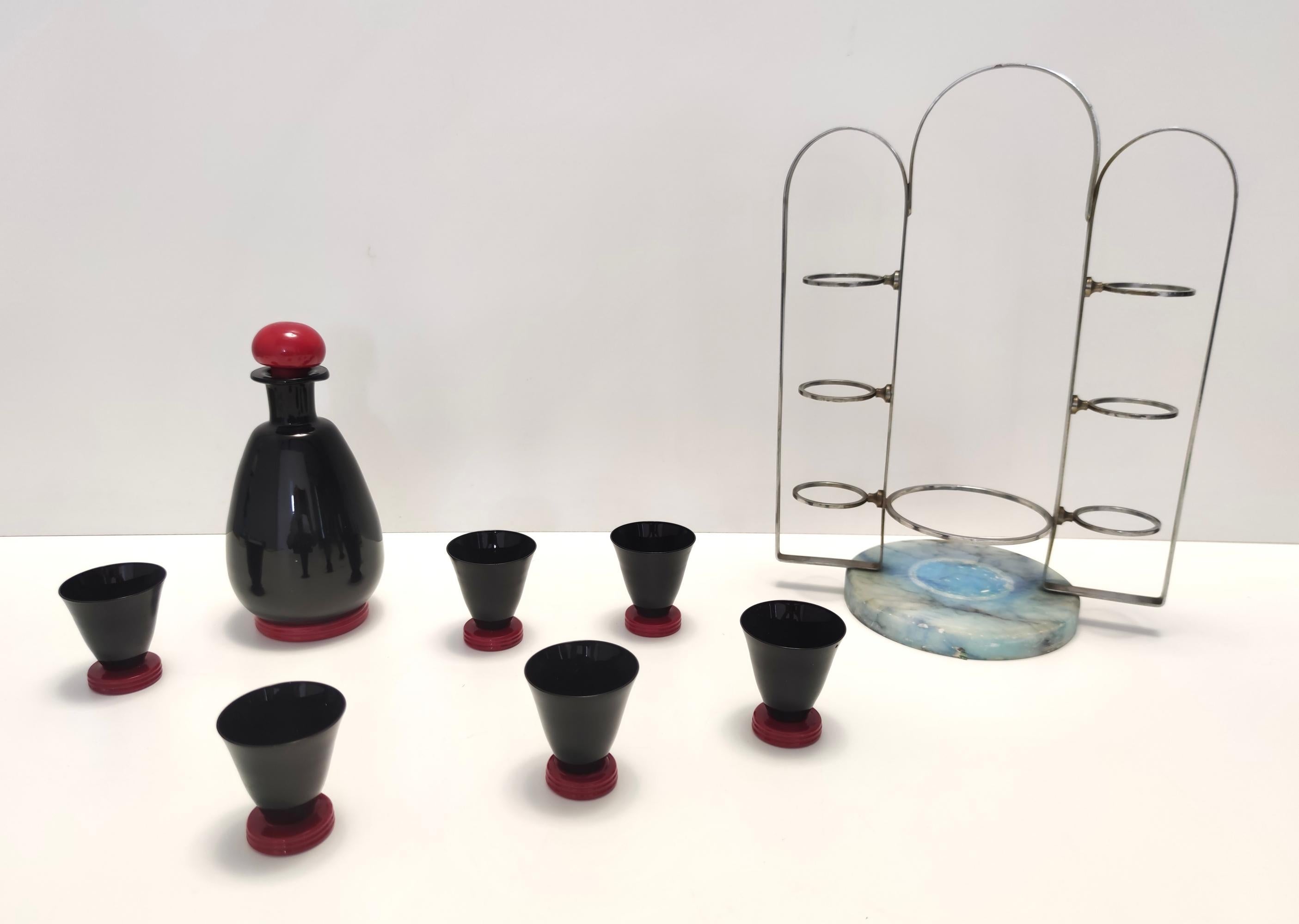 Italian Vintage Rare Black and Red Glass Liqueur Drinking Set by Moretti & Nason, Italy For Sale