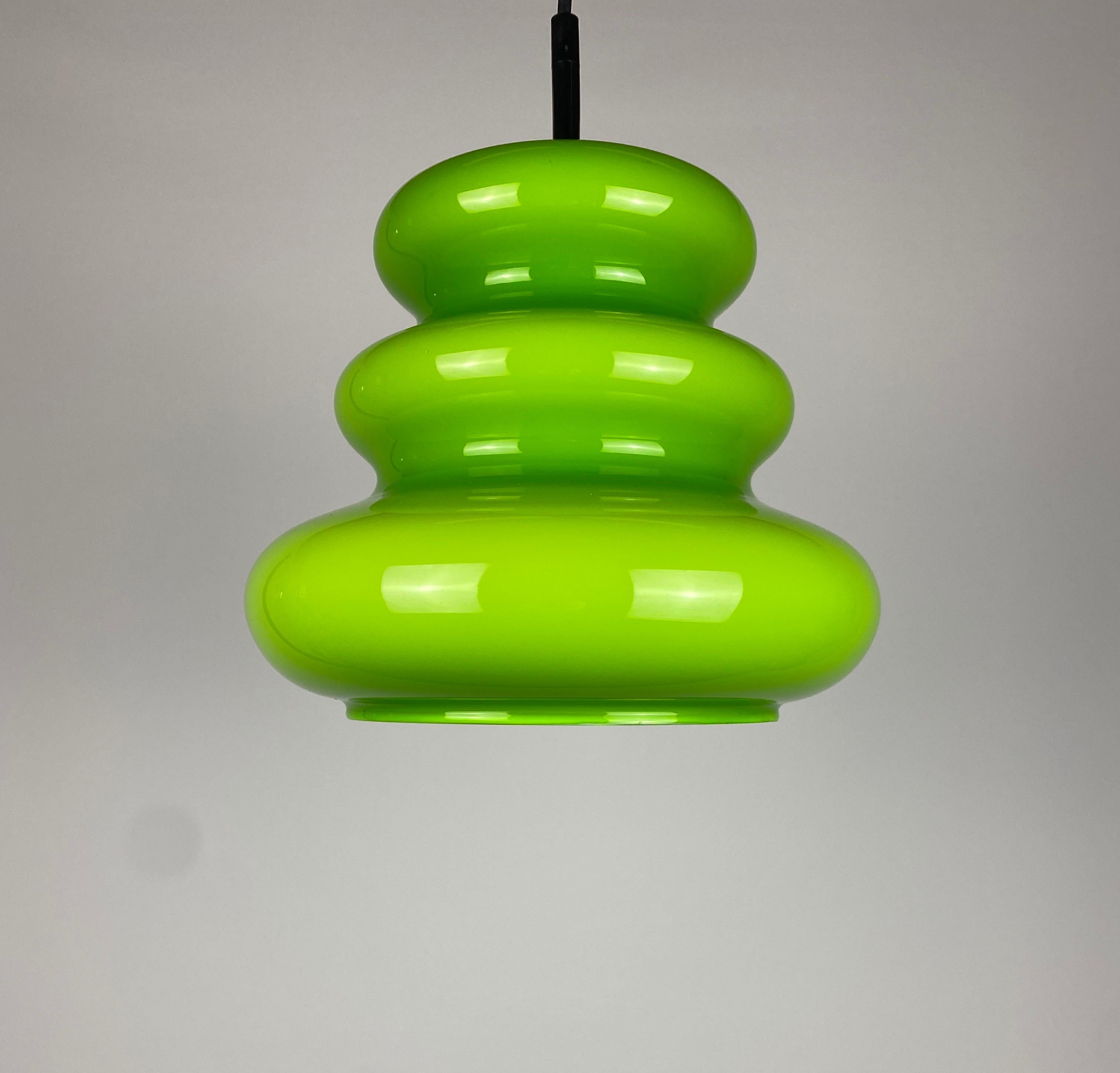Mid-Century Modern 1 of 2 Vintage Rare Bright Green Glass Pendant Light by Peill and Putzler 1960 For Sale