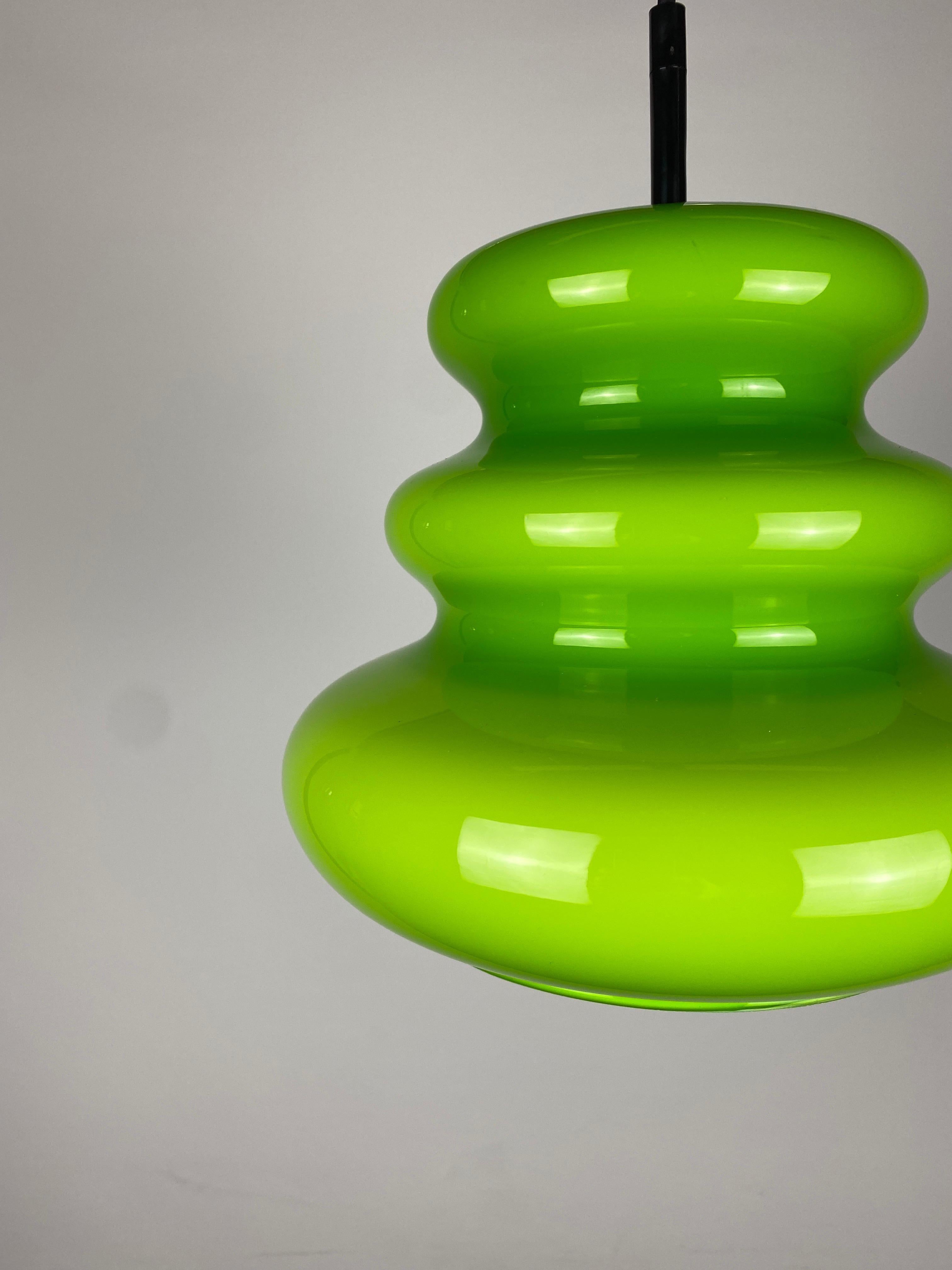 German 1 of 2 Vintage Rare Bright Green Glass Pendant Light by Peill and Putzler 1960 For Sale