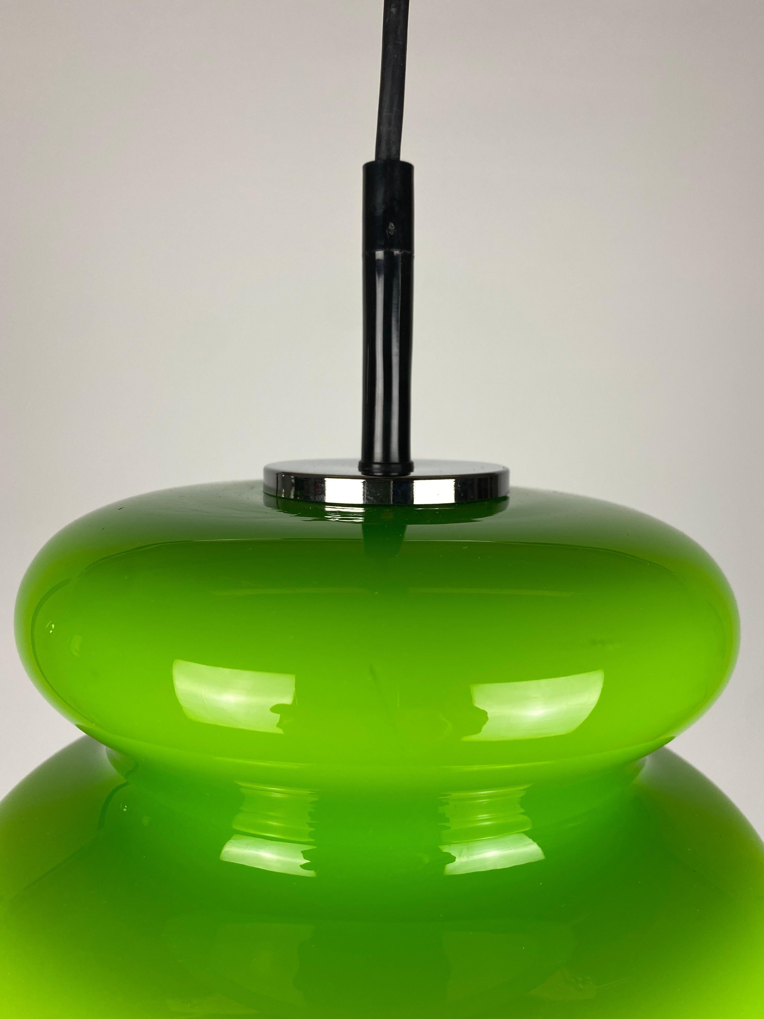 20th Century 1 of 2 Vintage Rare Bright Green Glass Pendant Light by Peill and Putzler 1960 For Sale