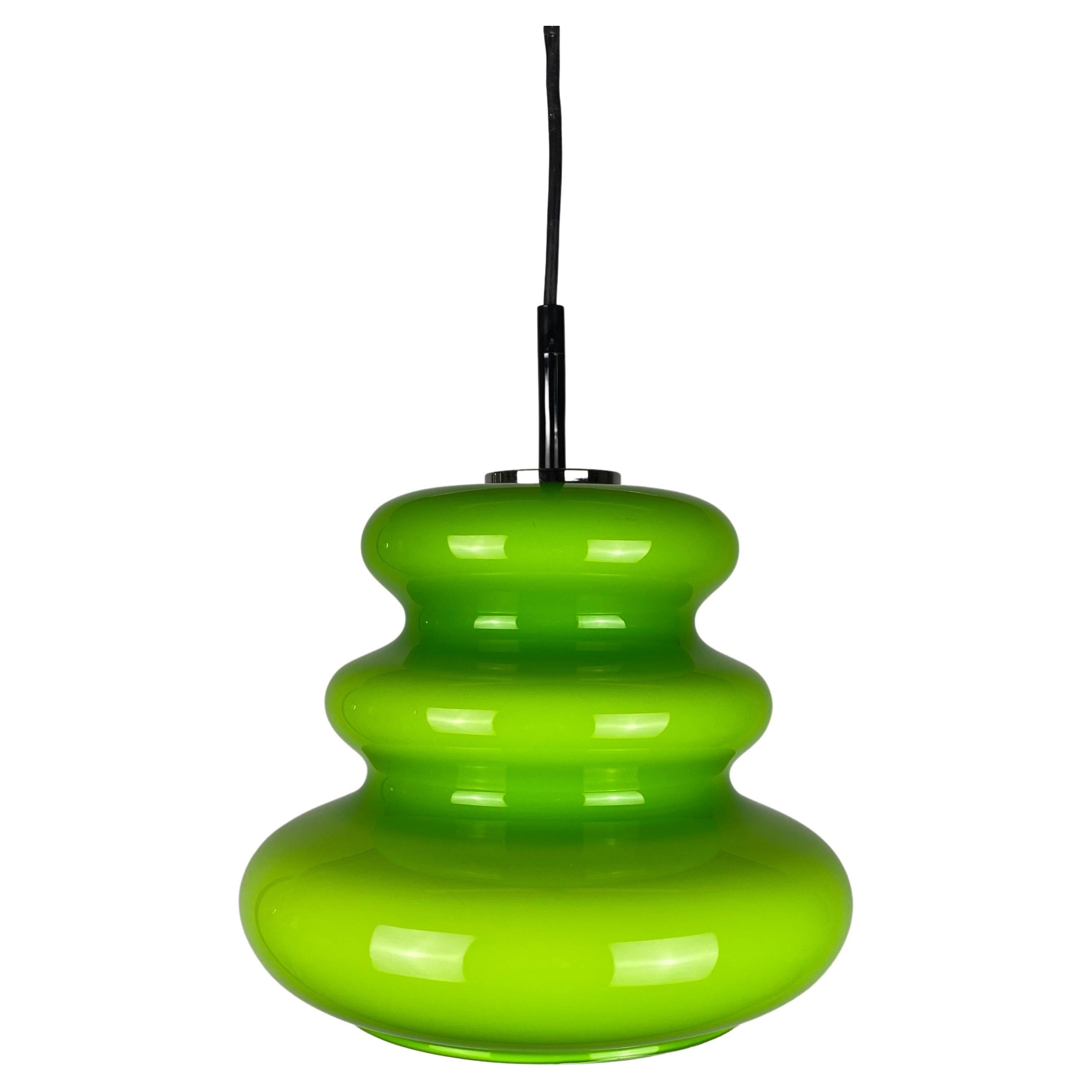 1 of 2 Vintage Rare Bright Green Glass Pendant Light by Peill and Putzler 1960 For Sale