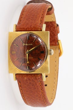 Vintage Rare Bulova 18K Yellow Gold Square Watch Burl Wood Dial