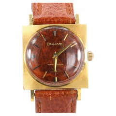 Vintage Rare Bulova 18K Yellow Gold Square Watch Burl Wood Dial