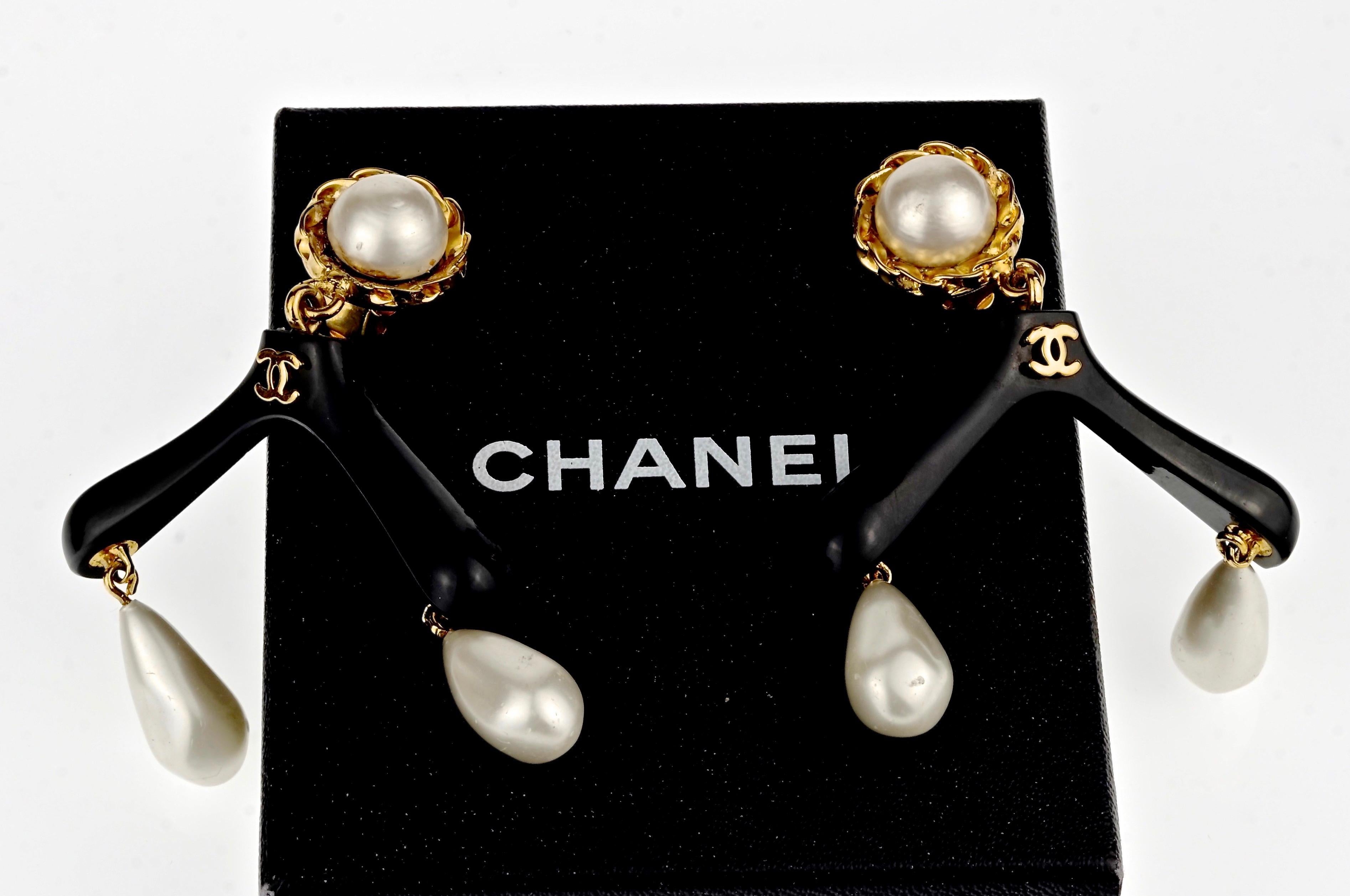 Vintage RARE CHANEL Coat Hanger Pearl Drop Novelty Earrings For Sale 1
