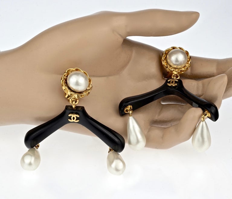 Vintage RARE CHANEL Coat Hanger Pearl Drop Novelty Earrings
