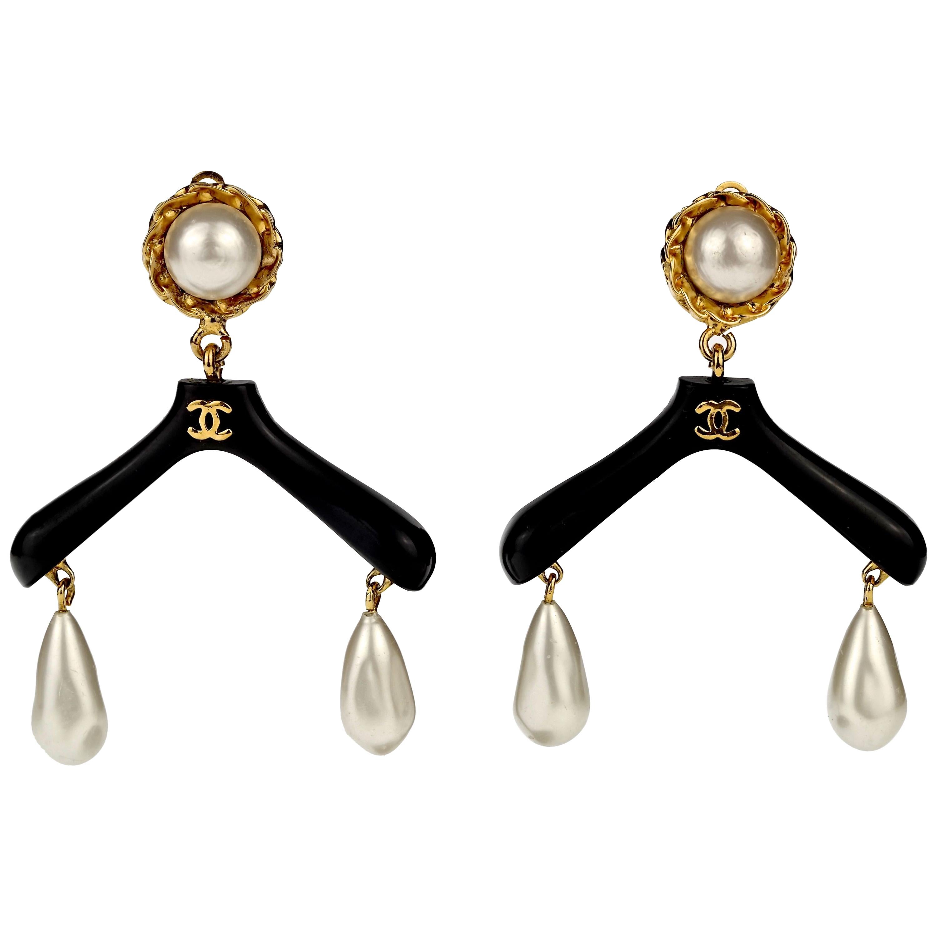 Vintage RARE CHANEL Coat Hanger Pearl Drop Novelty Earrings For Sale