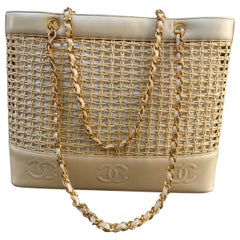 Vintage Rare Chanel Woven Straw Lambskin Beige Shopper Tote