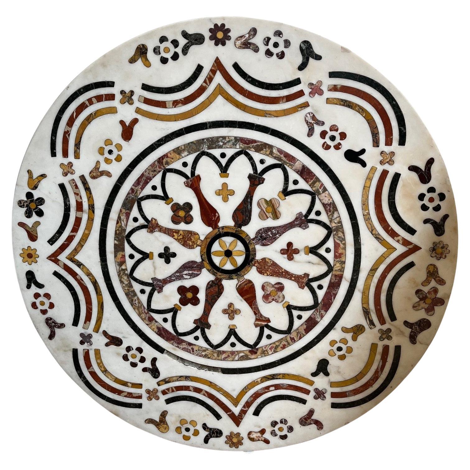 Seltene dekorative Vintage-Marmorplatte aus weißem Marmor mit Halbedelstein-Intarsien aus Marmor