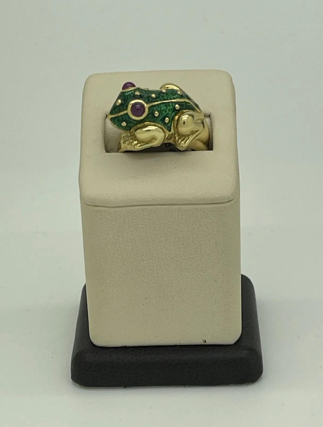 Women's Vintage Rare Enamel And Ruby Frog Ring In 18k For Sale