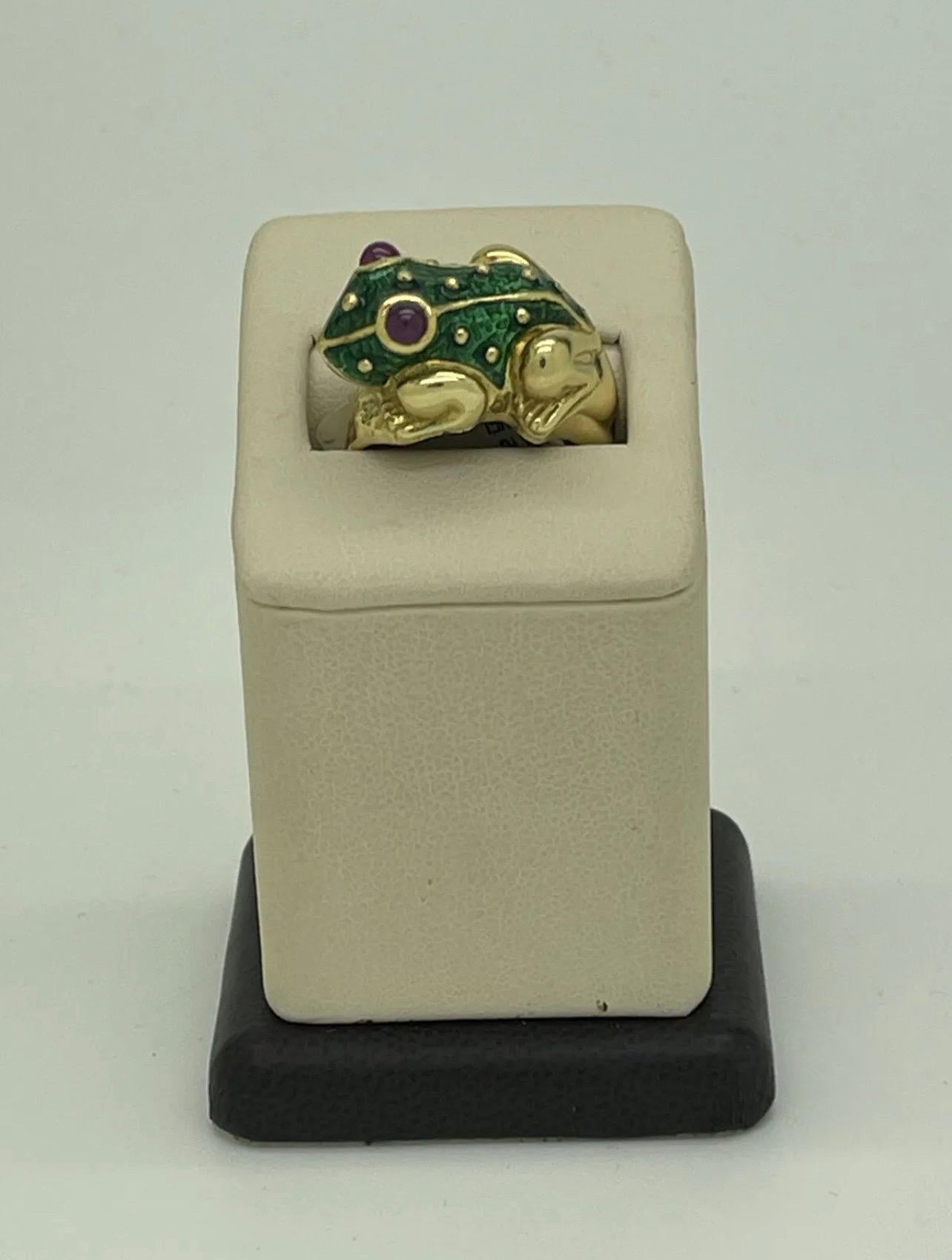 Seltener Vintage Frosch-Ring aus Emaille und Rubin in 18k Damen im Angebot