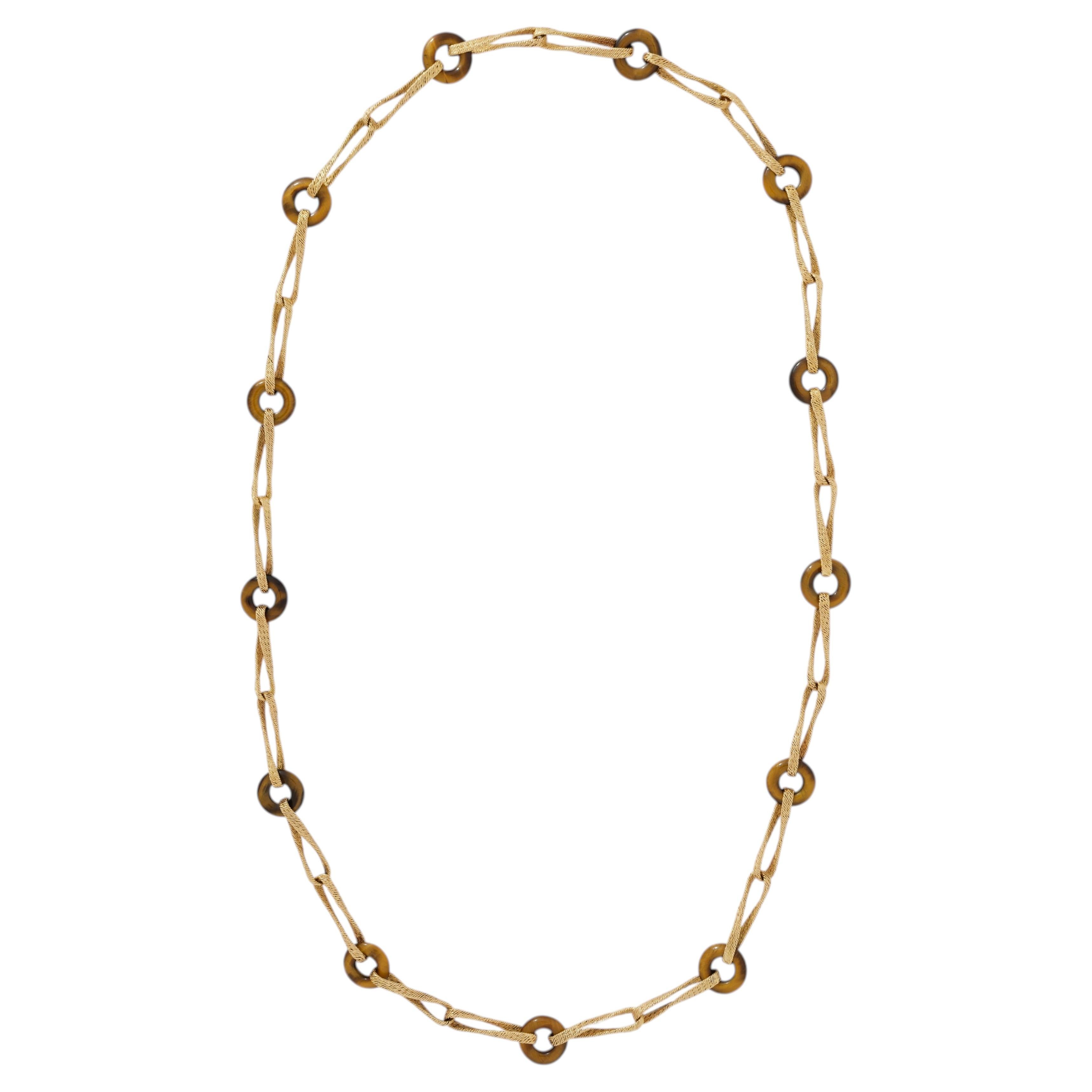 Collana lunga vintage rara di Georges Lenfant in oro intrecciato a 18 carati e occhio di tigre