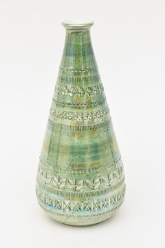 Vintage Rare Hallmarked Bitossi Iridescent Incised Ceramic Vessel Sage Green