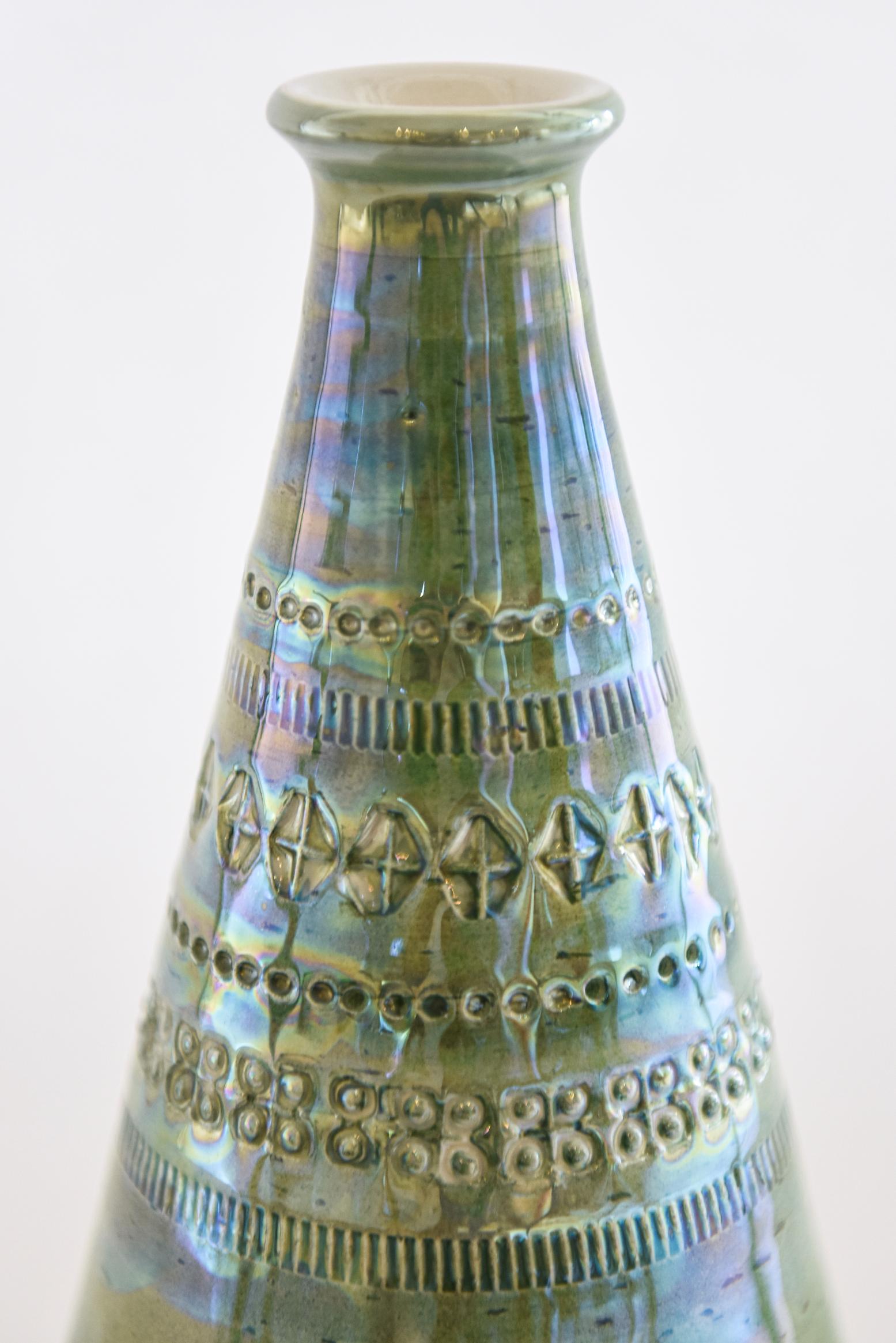 Mid-Century Modern Vintage Rare Hallmarked Bitossi Iridescent Incised Ceramic Vessel  For Sale