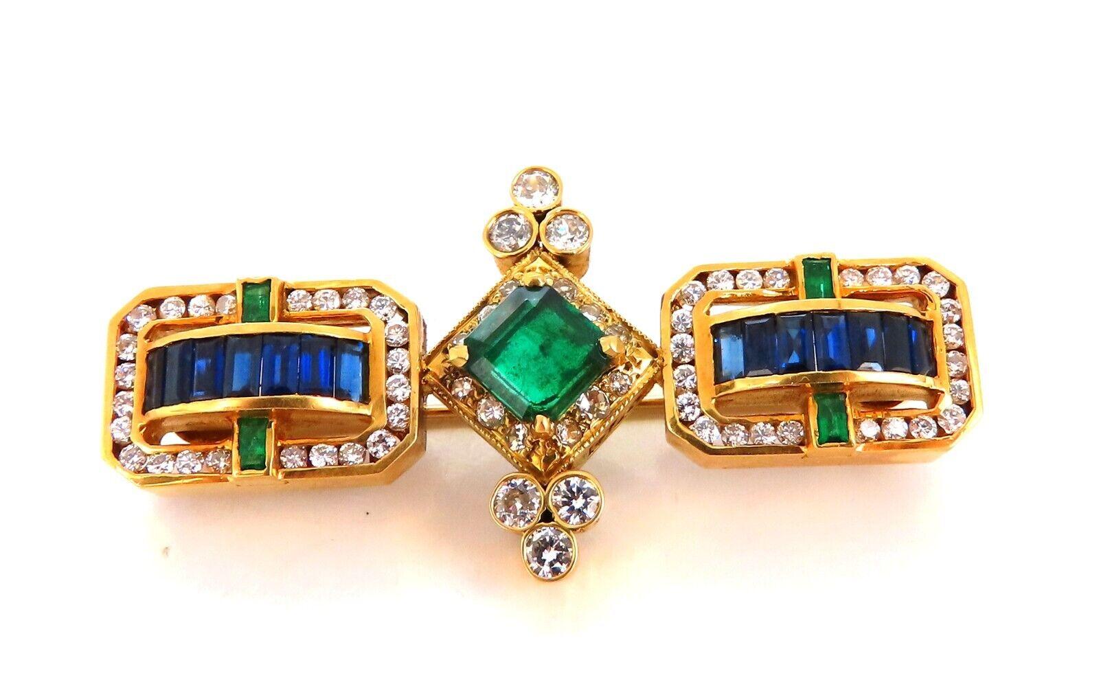 Rare Handmade Emerald sapphire ring

Very Well Made

1.50ct Natural Center Emerald

7 x 7.2mm

1.55ct natural baguette sapphires

2.00ct natural diamonds

H-color Vs-2 Clarity

2 x 1 inch diameter

Handmade 

18kt. yellow gold 

20.6 Grams.

$14000