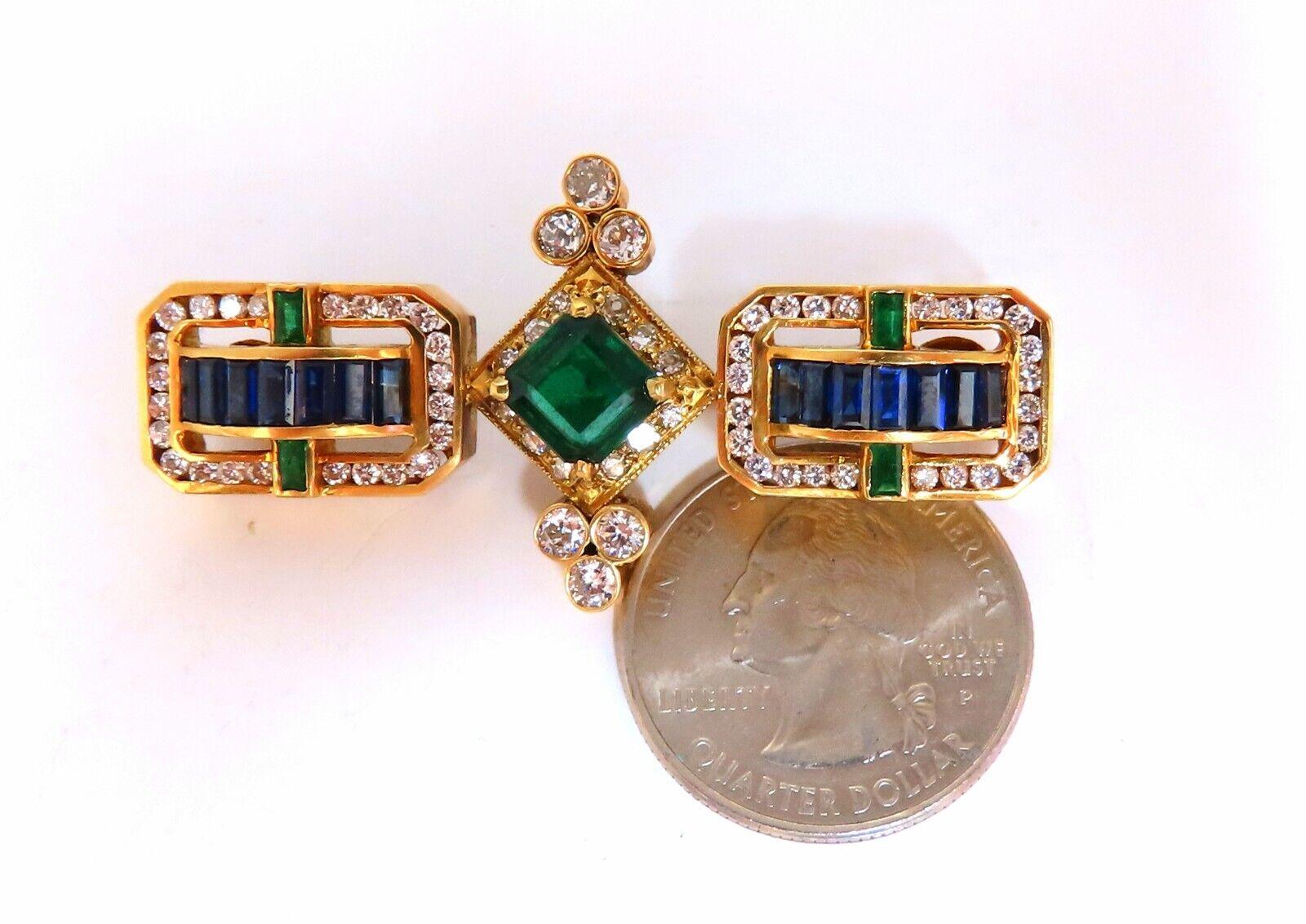 Emerald Cut Vintage Rare Handmade Emerald Sapphire Diamond Pin 18kt For Sale