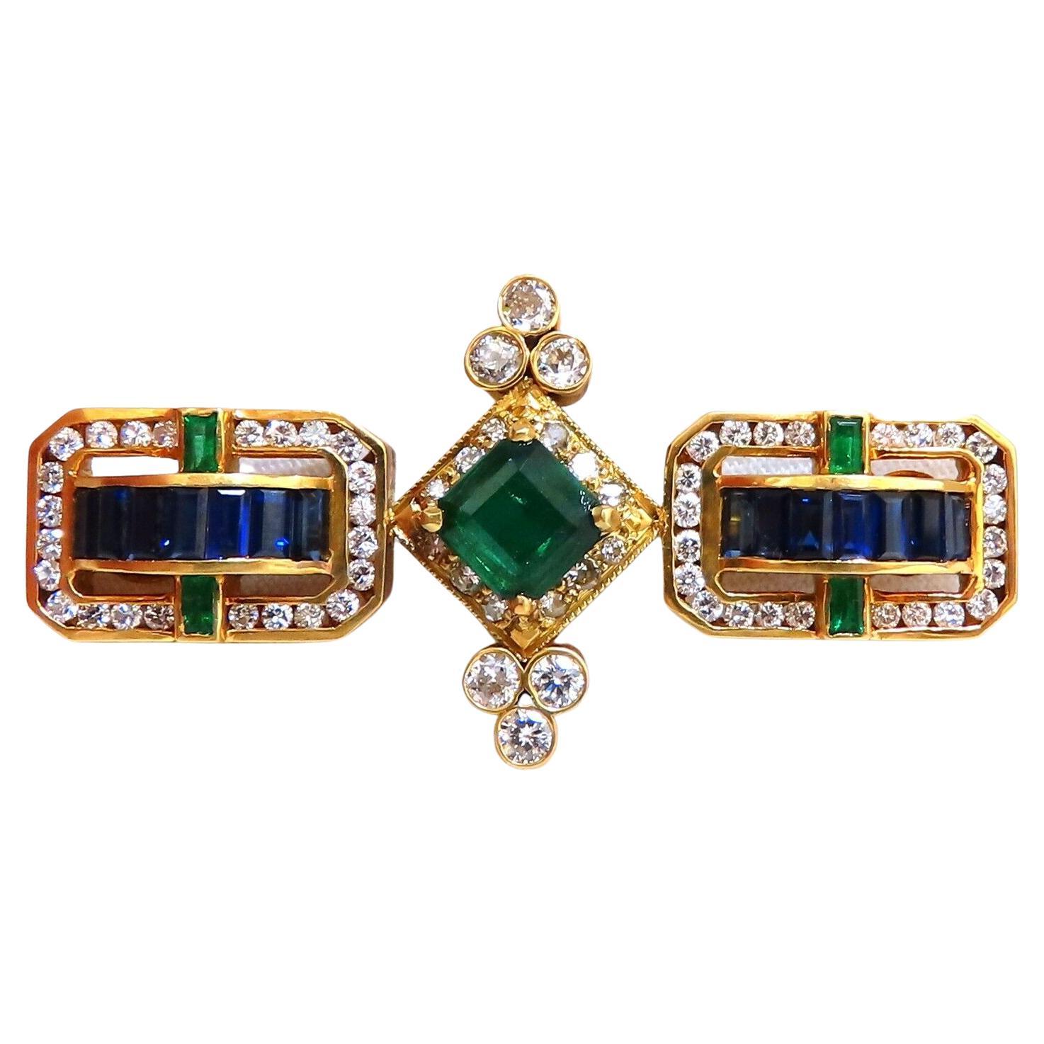 Vintage Rare Handmade Emerald Sapphire Diamond Pin 18kt For Sale
