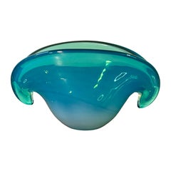 Vintage Rare Italian Murano 1970s Shell Clam Bowl Aqua Blue Opal