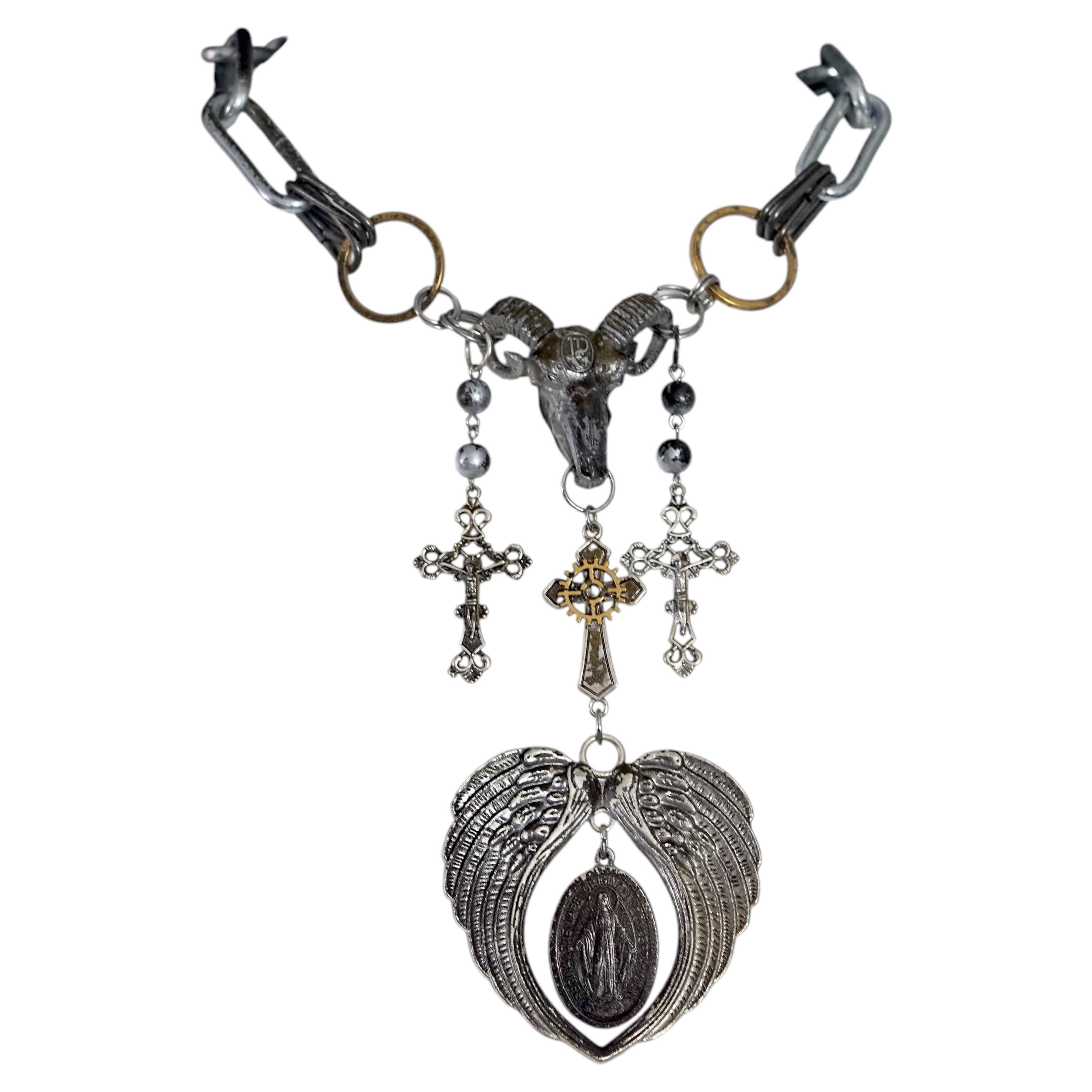 Vintage Rare JEAN PAUL GAULTIER Crucifix Scapular Angel Wings Buffalo Necklace