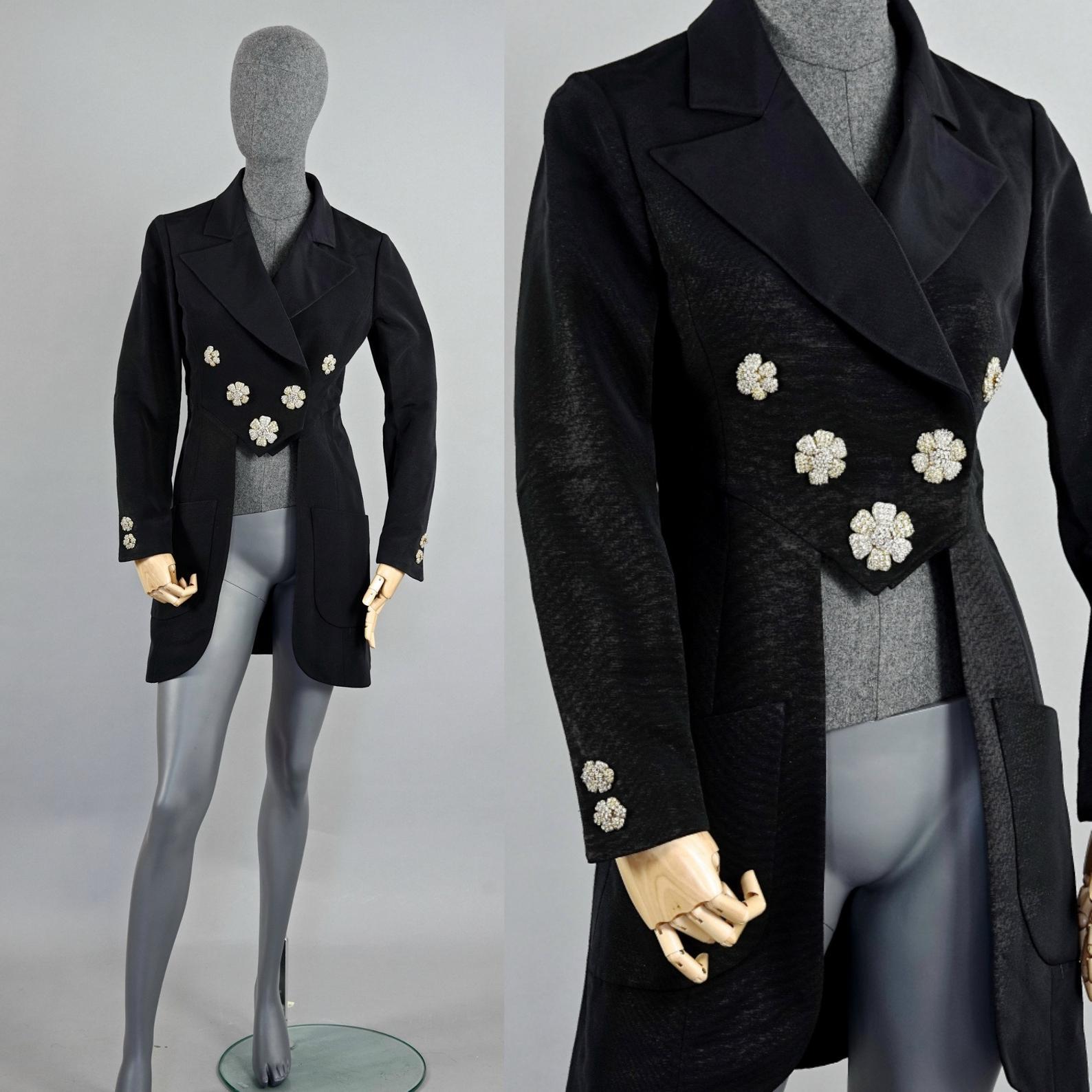 Vintage RARE KARL LAGERFELD Flower Jewelled Dress Coat Tailcoat Jacket

Measurements taken laid flat, please double bust and waist:
Shoulder: 15.74 inches (40 cm)
Sleeves: 23.22 inches (59 cm)
Bust: 17 inches (43 cm)
Waist: 14.17 inches (36 cm)
Back