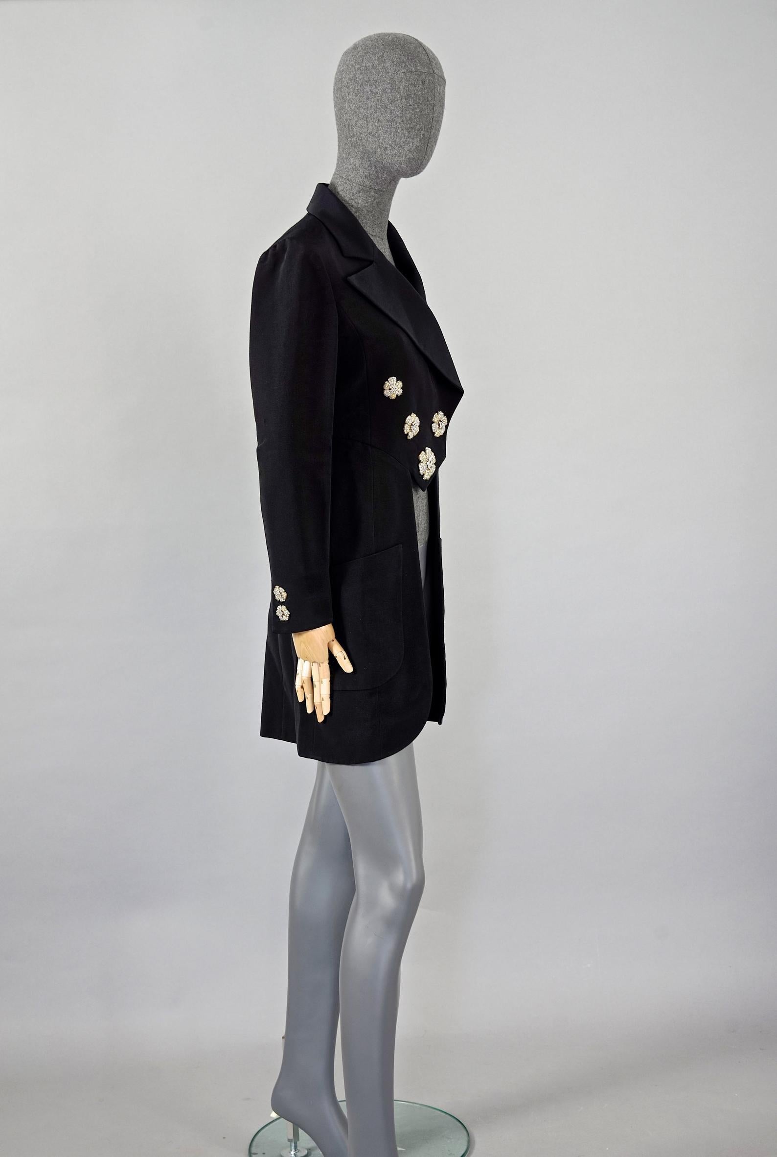 Black Vintage RARE KARL LAGERFELD Flower Jewelled Dress Coat Tailcoat Jacket