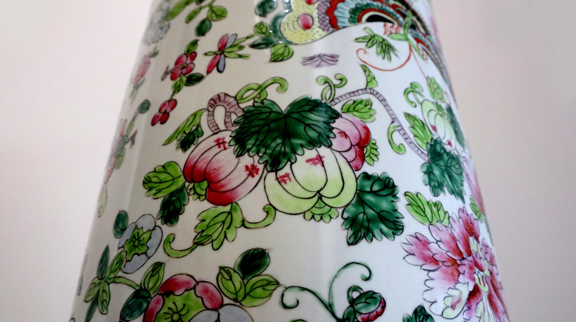 A combination of Japanese and Korean style and technique make this vintage mid century umbrella stand a rare find. The hand painted design is produced on a white ground. It is most likely of mid 20th century. Based on the beautiful designs with
