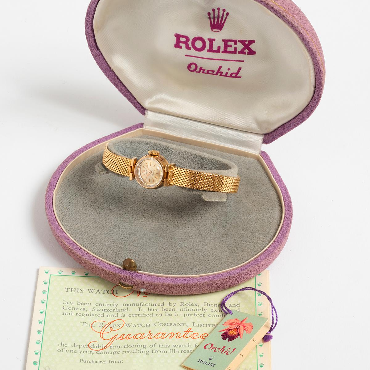 Our rare and attractive, manually wound vintage ladies Rolex Orchid reference 2251 is presented in outstanding condition, belying its age, and features an 18k yellow gold case and long length 18k yellow gold bracelet with extension clasp with Rolex