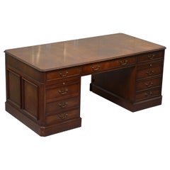 Vintage Rare Large Solid Flamed Panelled Mahogany Twin Pedestal Partner Desk