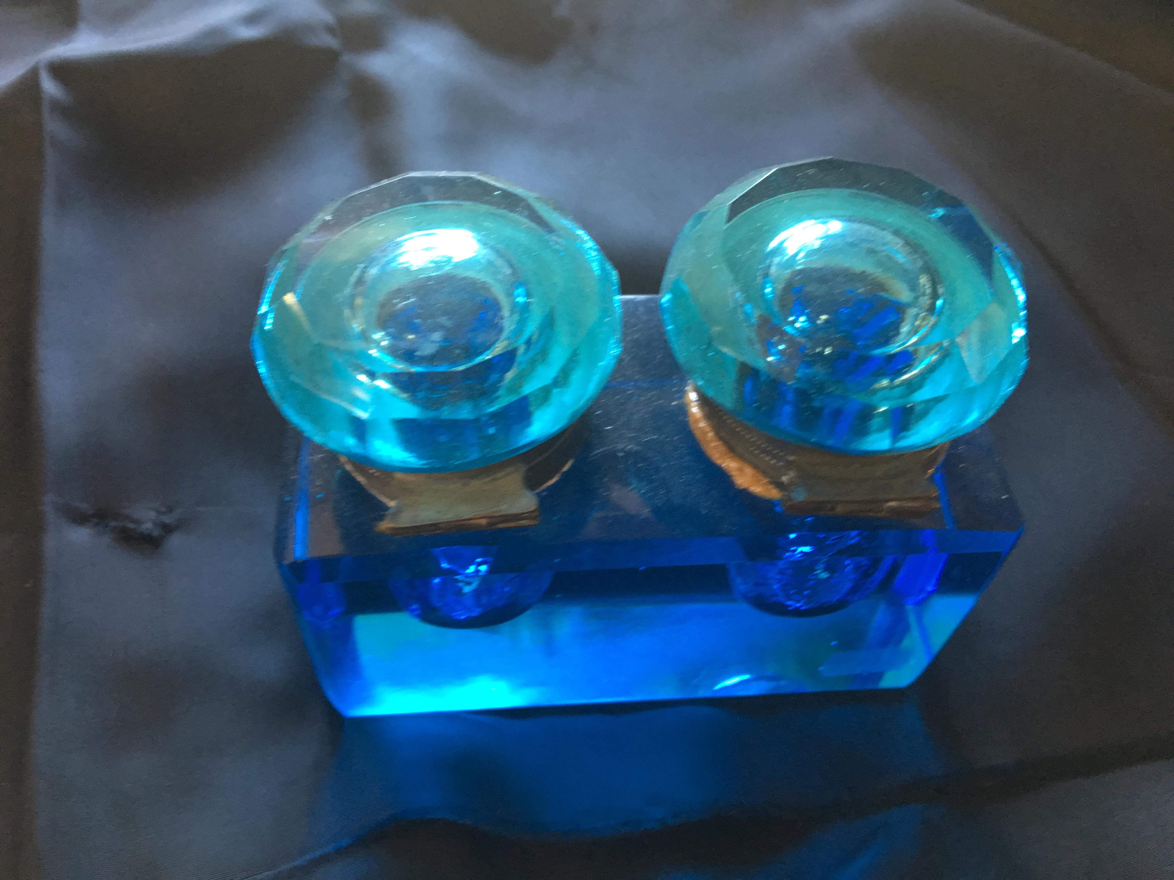 Vintage rare late 19th century light blue crystal inkwell. Beautiful blue inkwells with bottles and attached tops. Rare and hard to find color.
