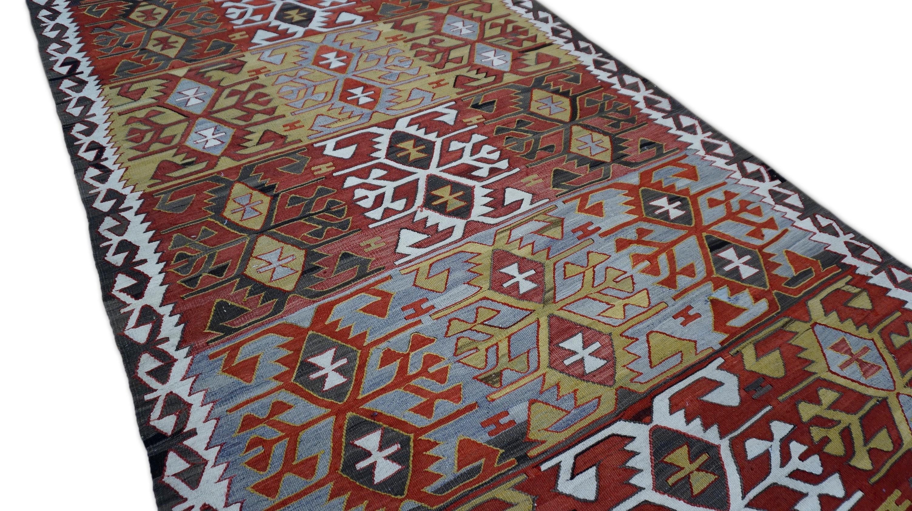 Kilim Vintage Raro de Lana de Malatya 4'10''x10'3'' Turco en venta