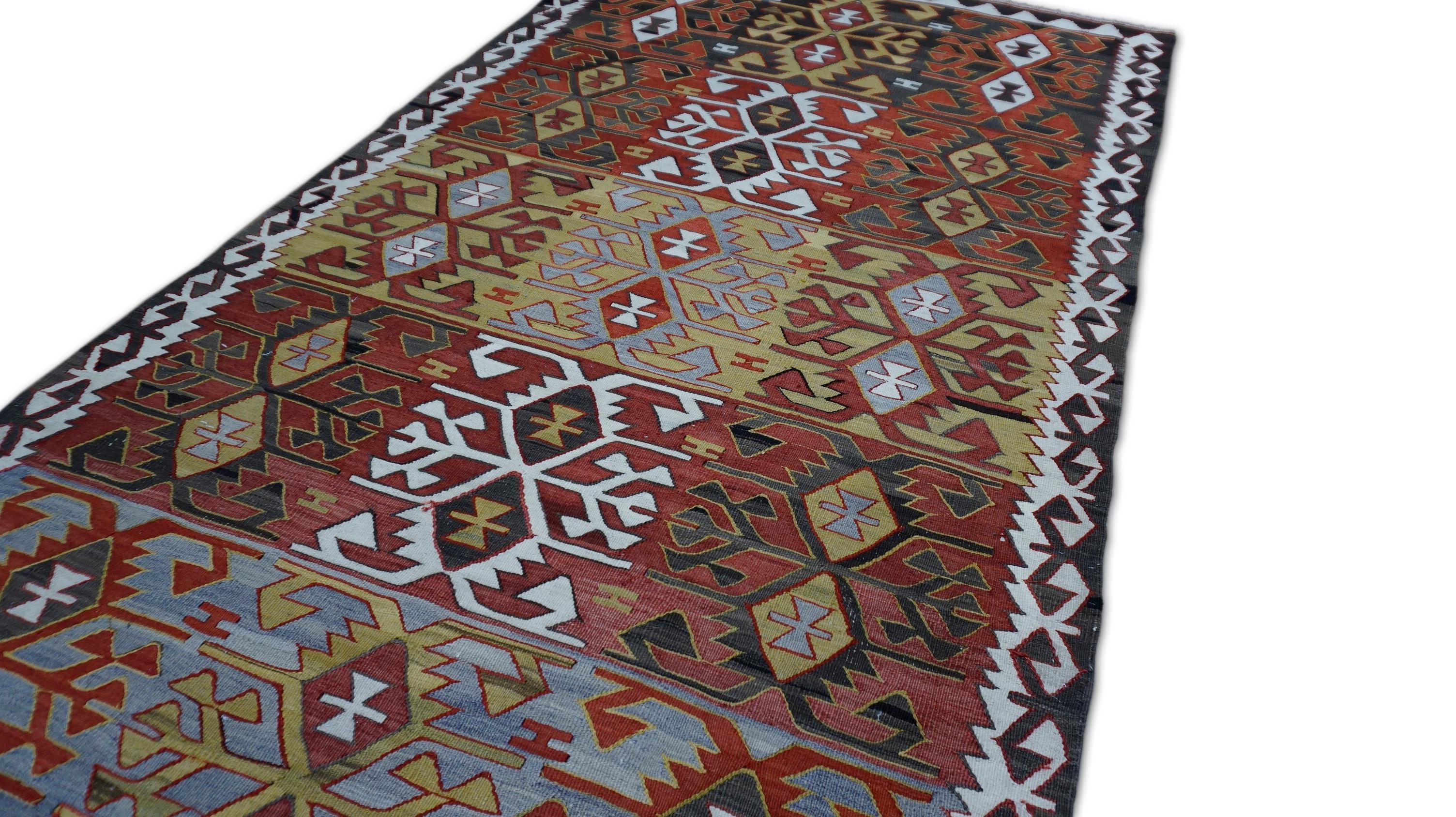 Kilim Vintage Raro de Lana de Malatya 4'10''x10'3'' Tejido a mano en venta
