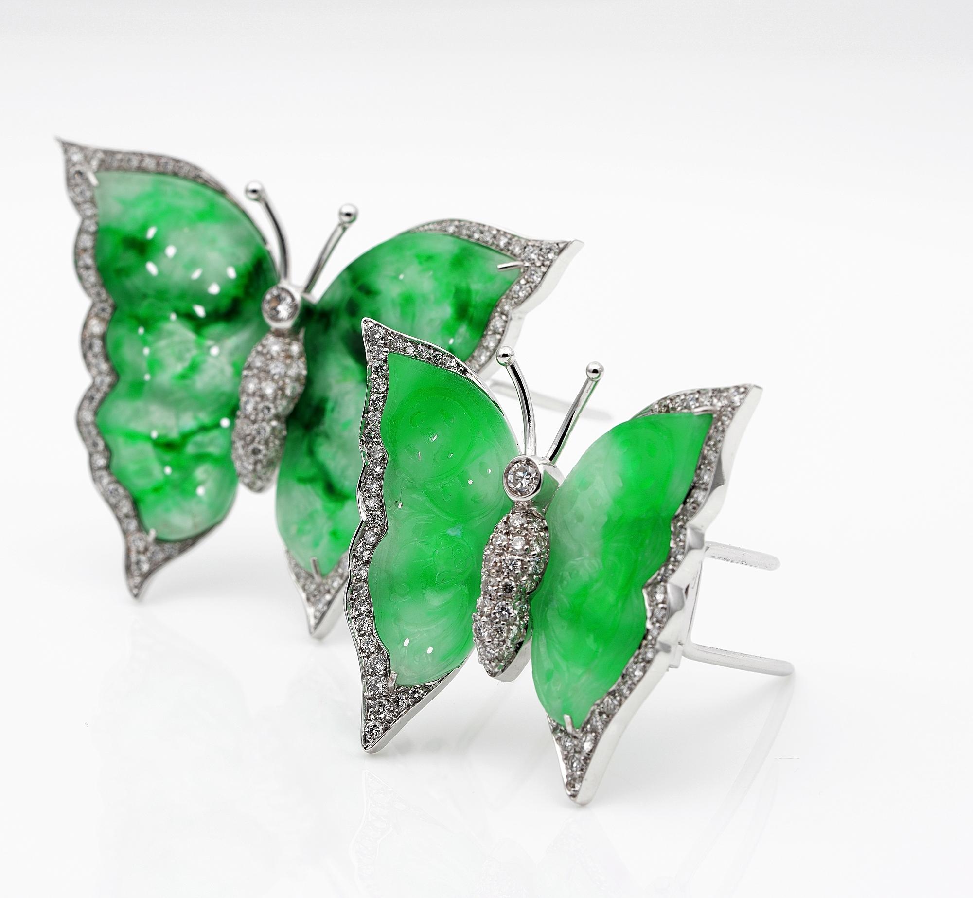 Vintage Rare Natural Jade 2.48 Carat Diamond Twin Butterfly Brooches In Good Condition In Napoli, IT
