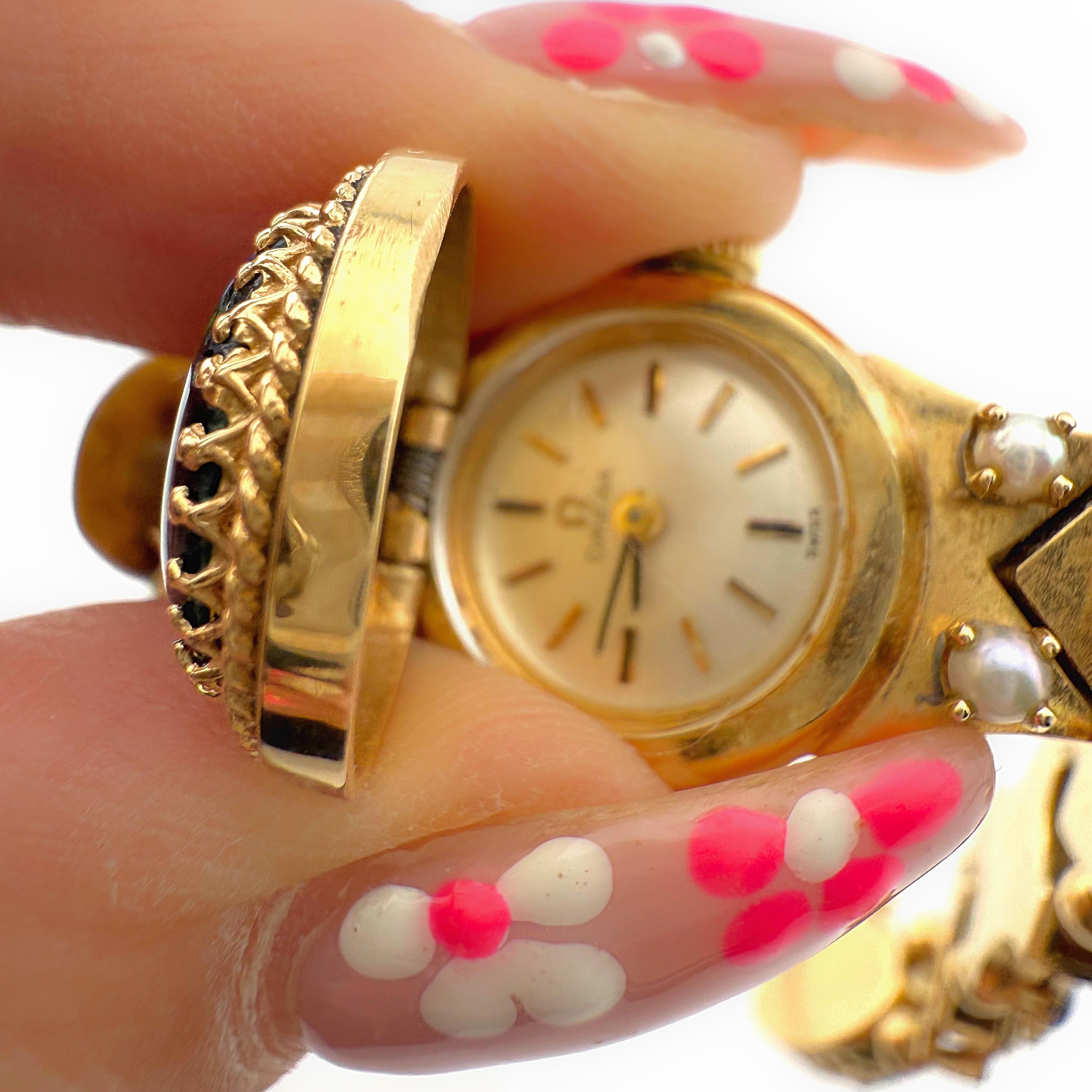 Vintage Rare OMEGA Slide Wristwatch Multiple Charms in Various Stones 14k Gold For Sale 6
