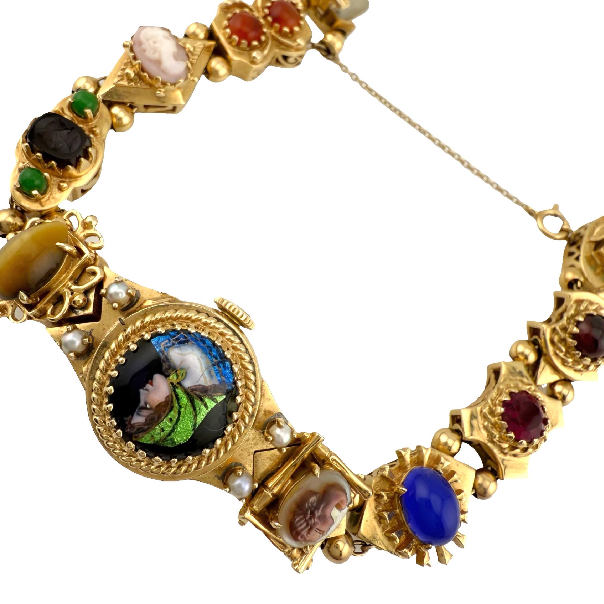 OMEGA Vintage Slide Charm Wristwatch

This watch features a 17 jewel mechanical manual movement in a Round Case.
The Dial is covered by an Enameled cover of a lady with head scarf.
Also features... 2 round carnelian cabochons, a pink shell cameo,
