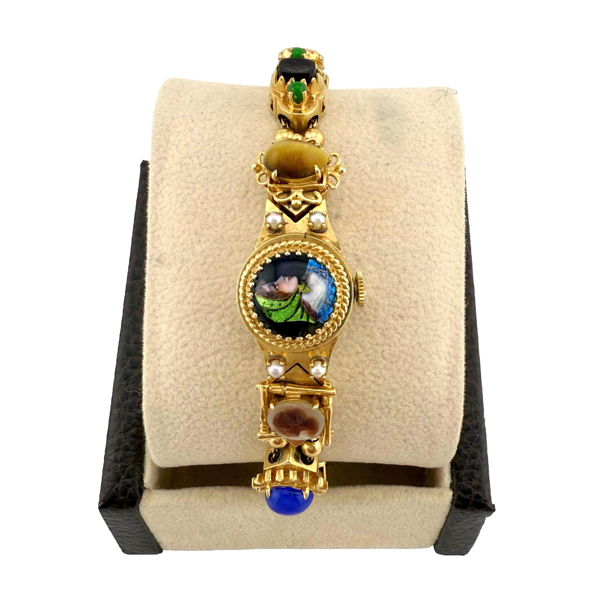 Vintage Rare OMEGA Slide Wristwatch Multiple Charms in Various Stones 14k Gold In Good Condition For Sale In San Diego, CA