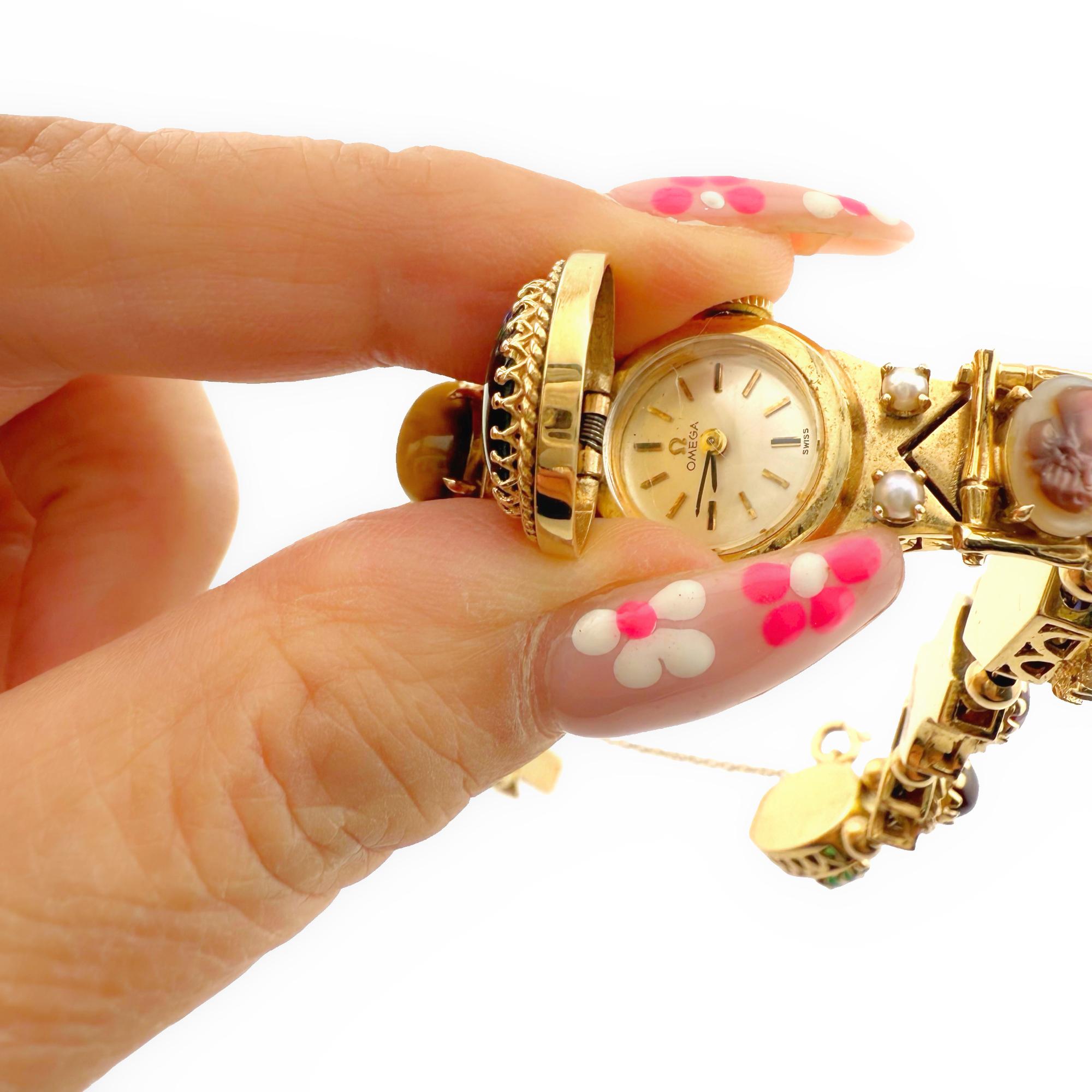 Women's Vintage Rare OMEGA Slide Wristwatch Multiple Charms in Various Stones 14k Gold For Sale