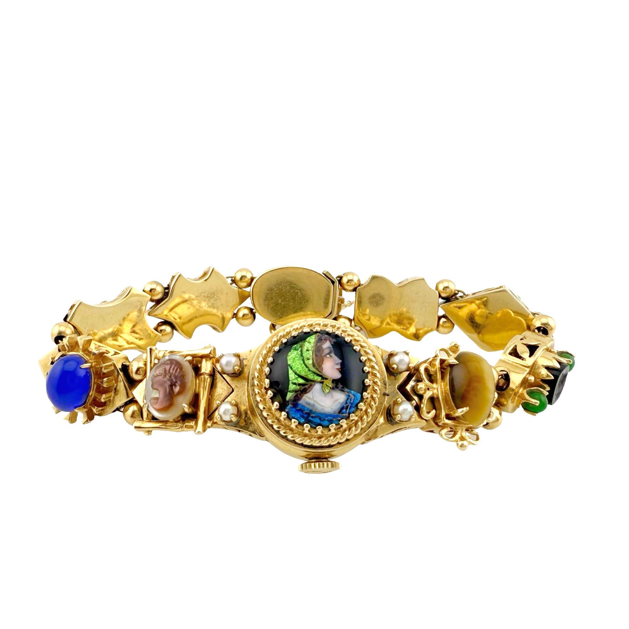 Vintage Rare OMEGA Slide Wristwatch Multiple Charms in Various Stones 14k Gold For Sale 2