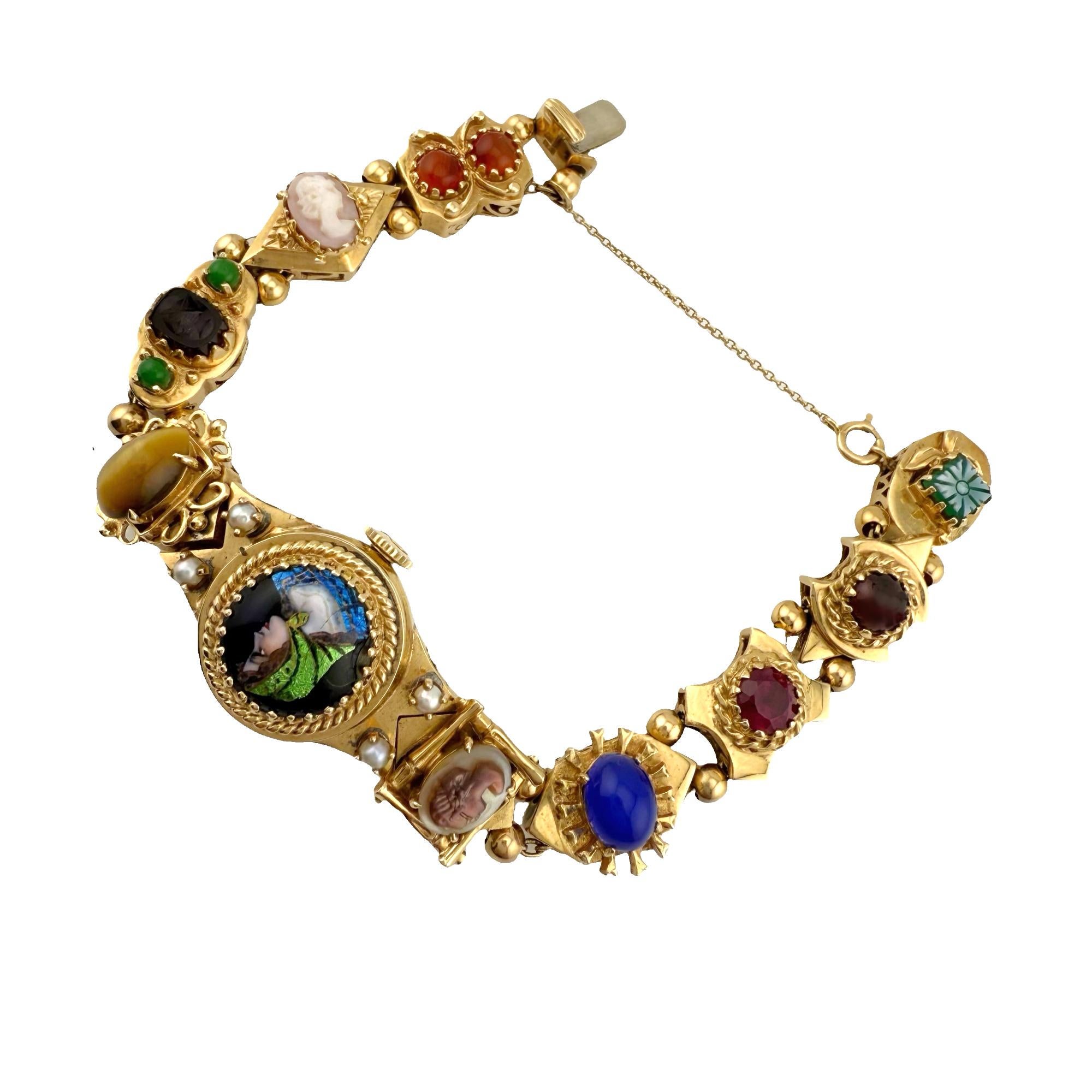 Vintage Rare OMEGA Slide Wristwatch Multiple Charms in Various Stones 14k Gold For Sale 3