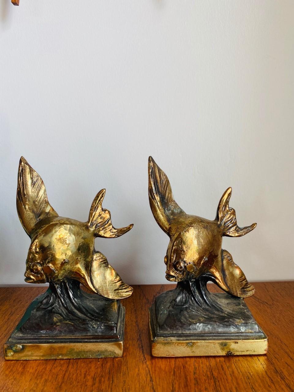 Art Deco Vintage Rare Pair of Brass Flying Fish Bookends, 1930s For Sale