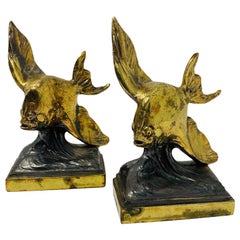 Retro Rare Pair of Brass Flying Fish Bookends, 1930s