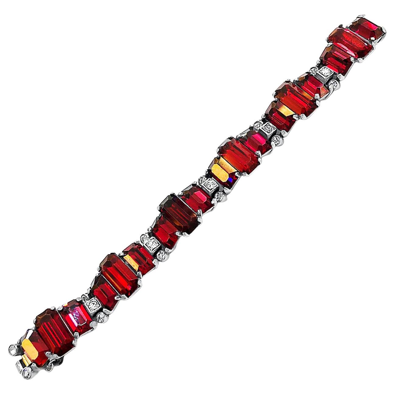 Vintage Rare Piece Eisenberg Bracelet Red and White Crystals For Sale