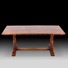 Vintage Rare Pippy Oak Trestle Table with Six Rare Pippy Oak Ladder Back Chairs