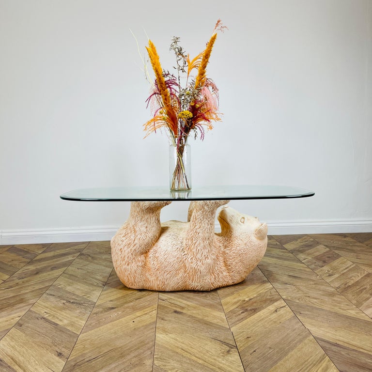Vintage Rare Polar Bear Glass Top Coffee Table 1970s