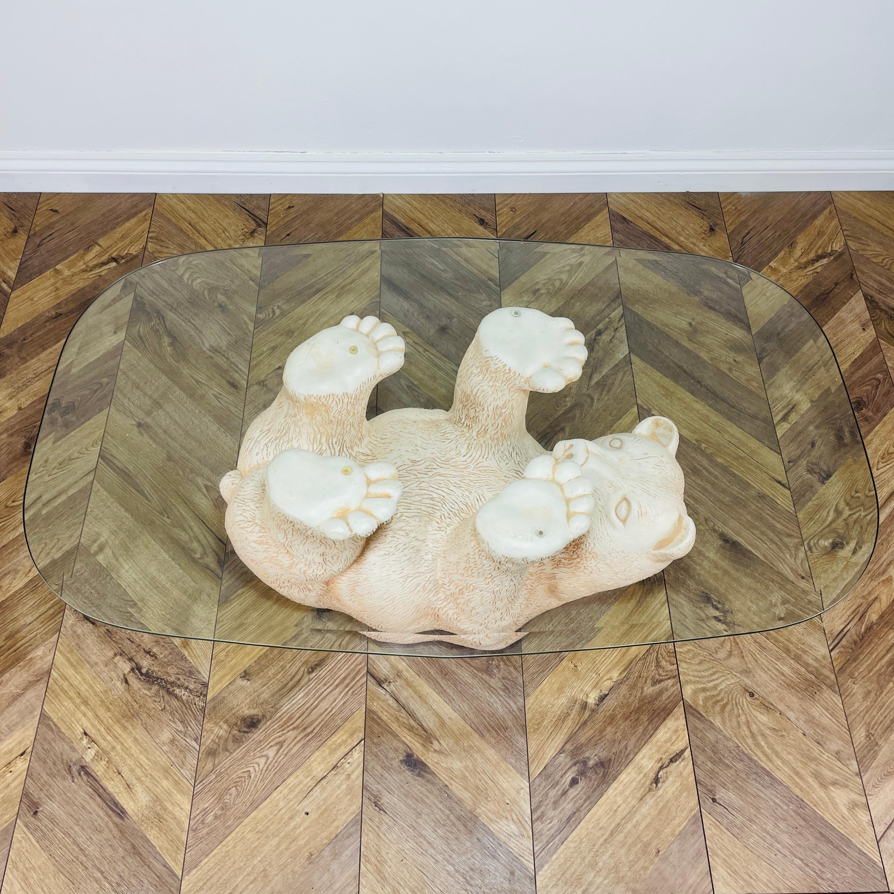 British Vintage Rare Polar Bear + Glass Top Coffee Table, 1970s