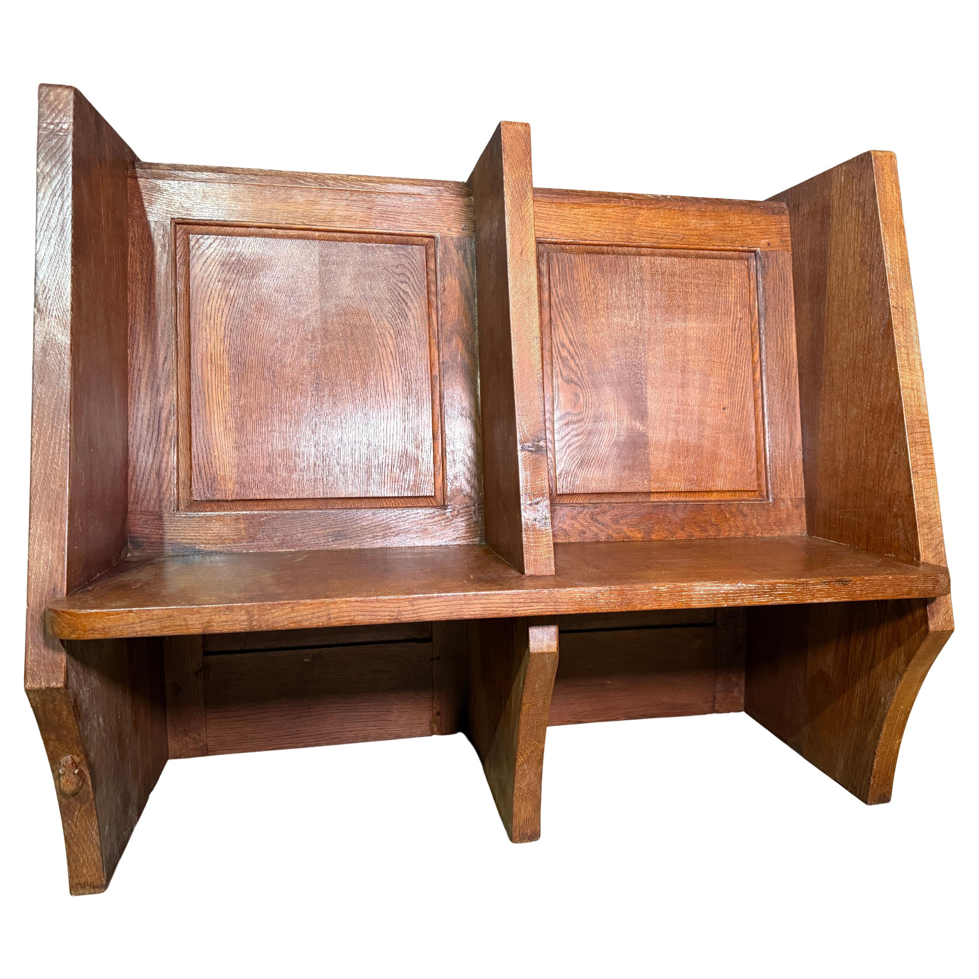 Vintage Rare Robert Thompson “Mouseman” Adzed Oak Double Settle Panelled Bench For Sale