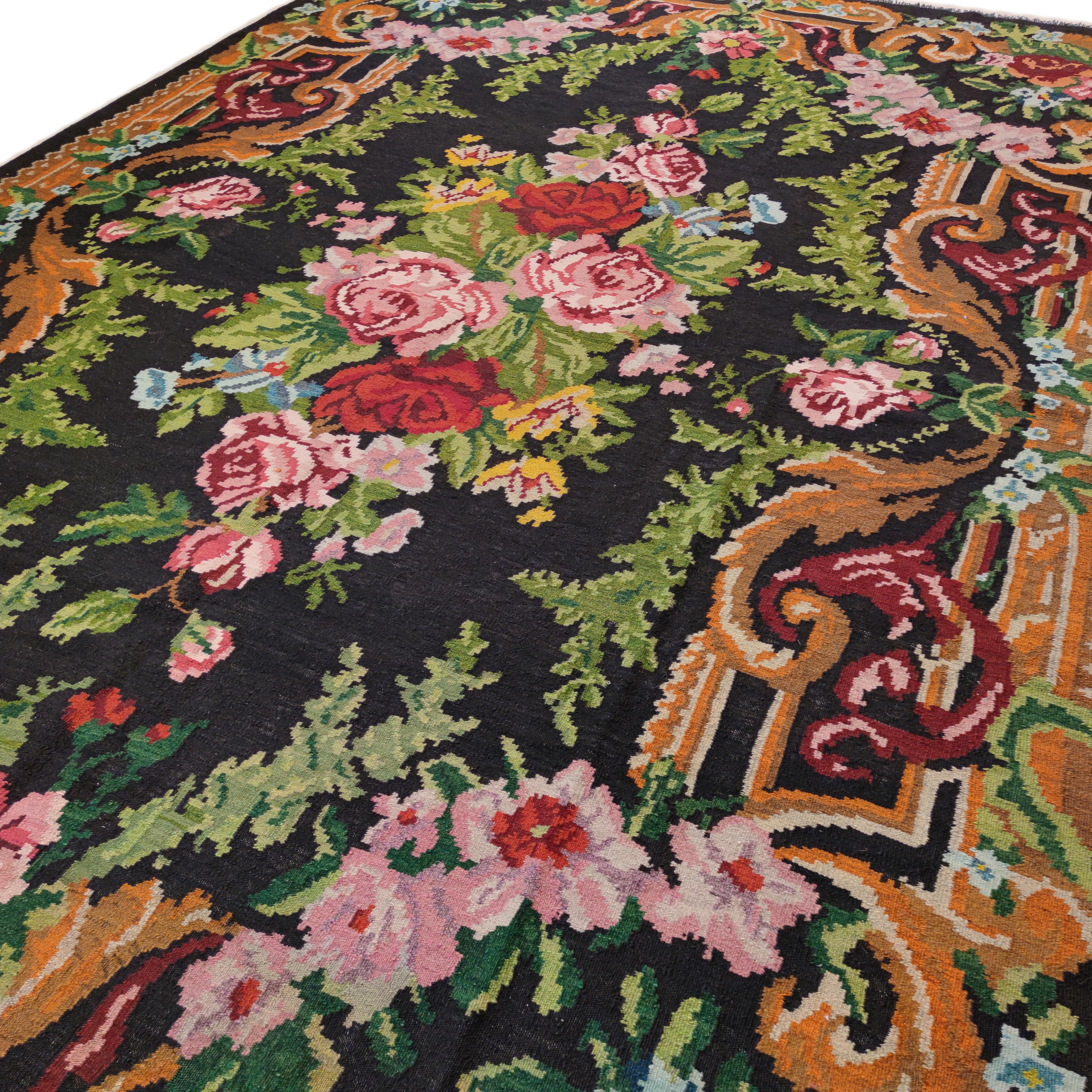 Ukrainian Vintage Rare Room Size Black Ground Bessarabian Kilim with Botanical Pattern For Sale
