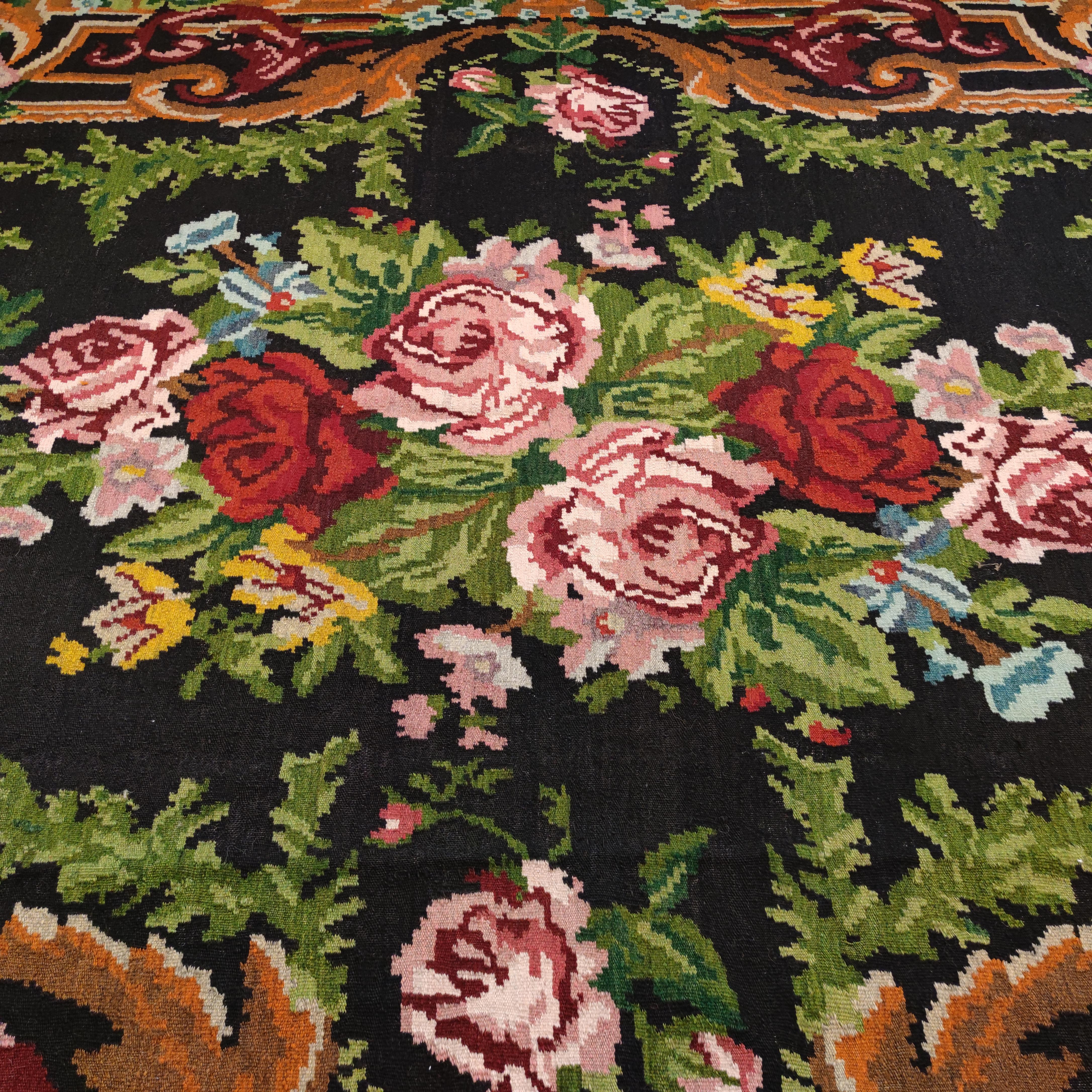 Hand-Knotted Vintage Rare Room Size Black Ground Bessarabian Kilim with Botanical Pattern For Sale