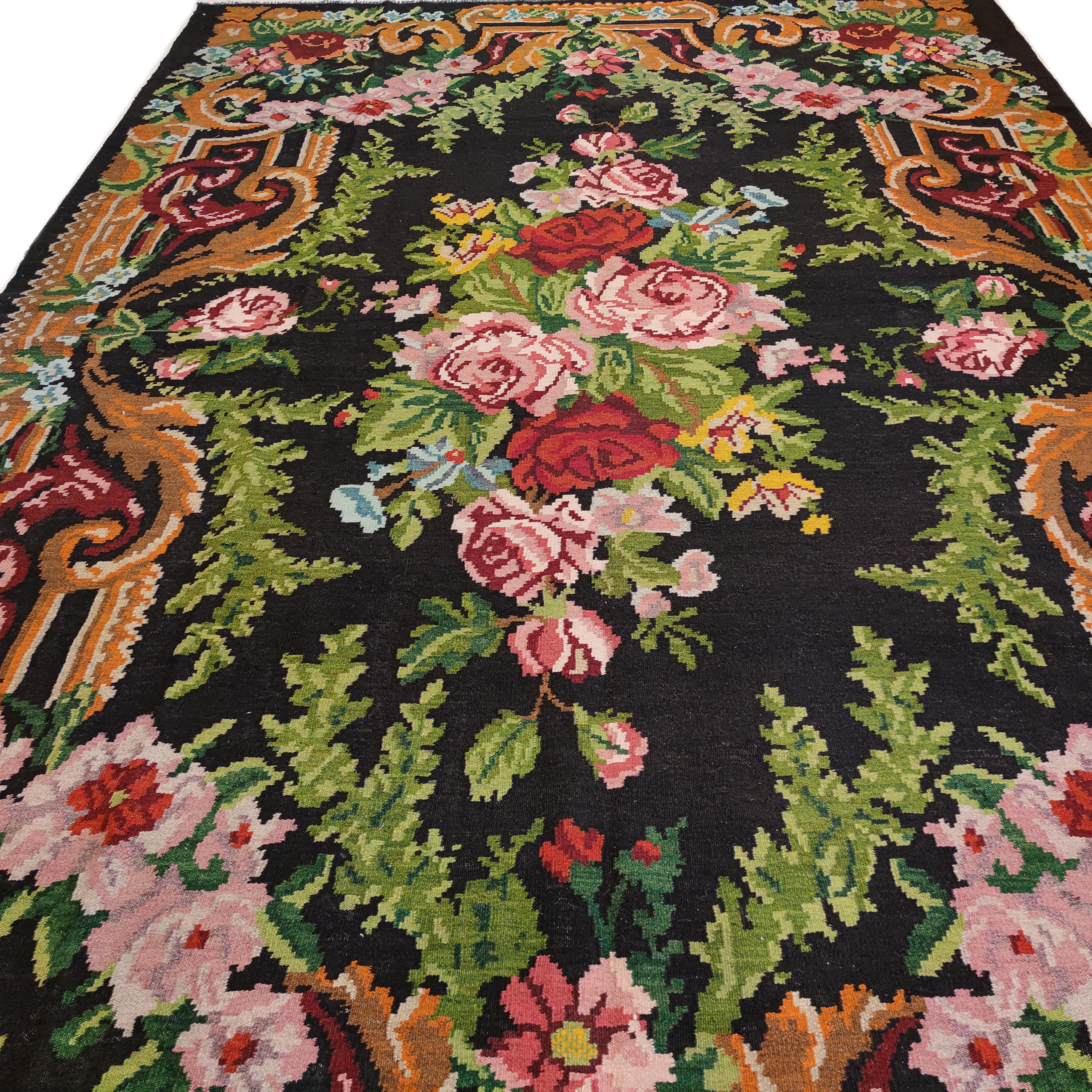 Mid-20th Century Vintage Rare Room Size Black Ground Bessarabian Kilim with Botanical Pattern For Sale