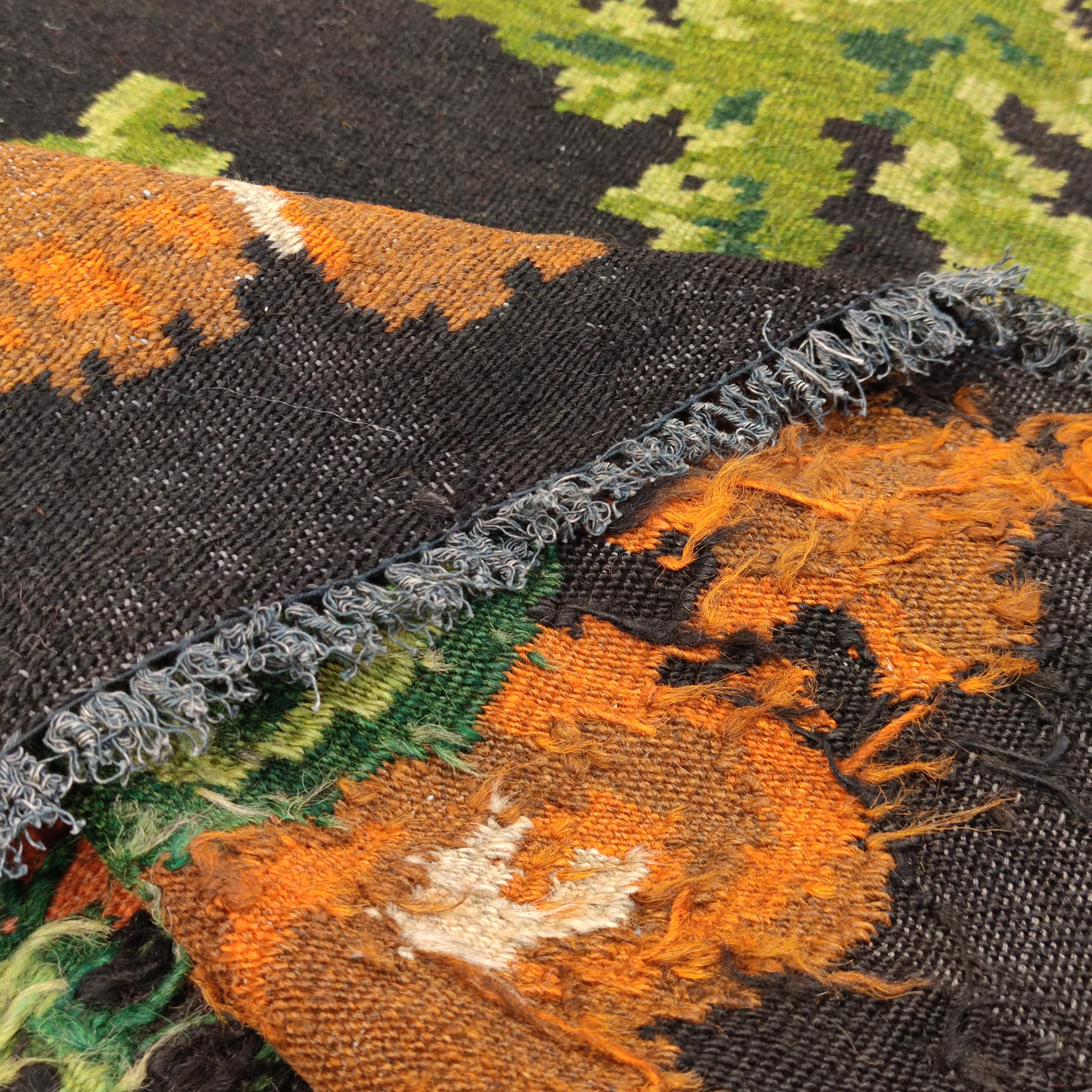 Vintage Rare Room Size Black Ground Bessarabian Kilim with Botanical Pattern For Sale 1