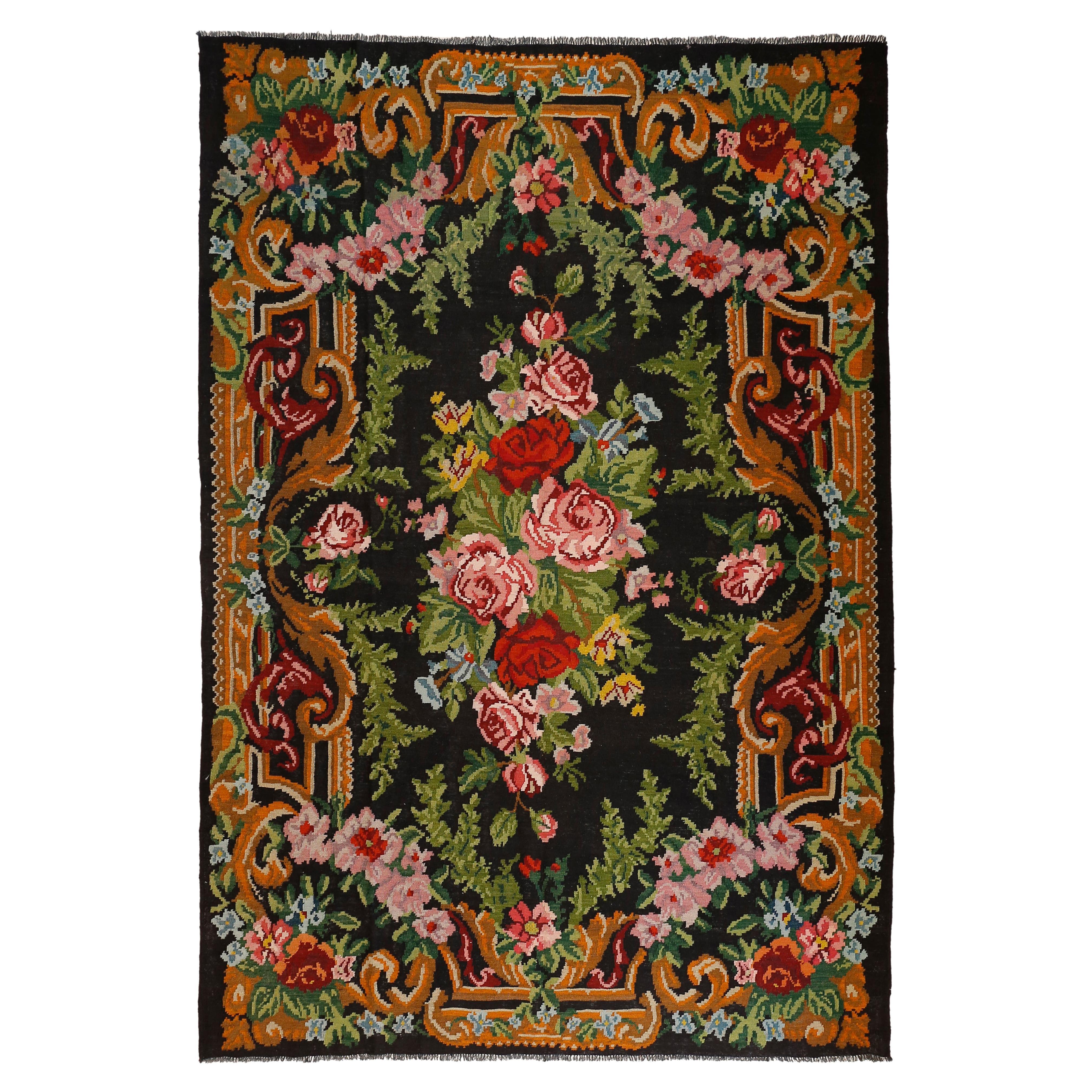 Vintage Rare Room Size Black Ground Bessarabian Kilim with Botanical Pattern